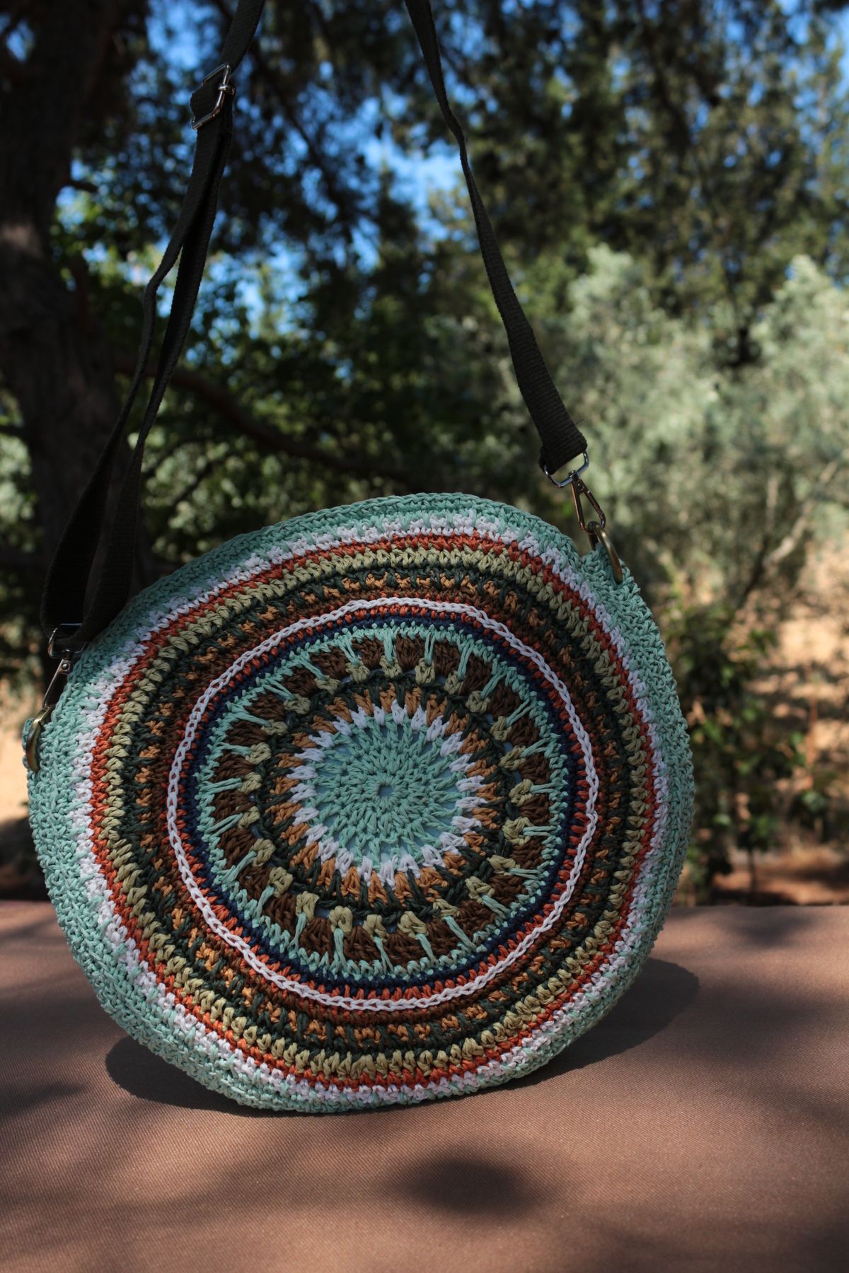 Butik Mint Rengi Kağıt ip Mandala Desenli Yuvarlak Çanta (Astarlı)