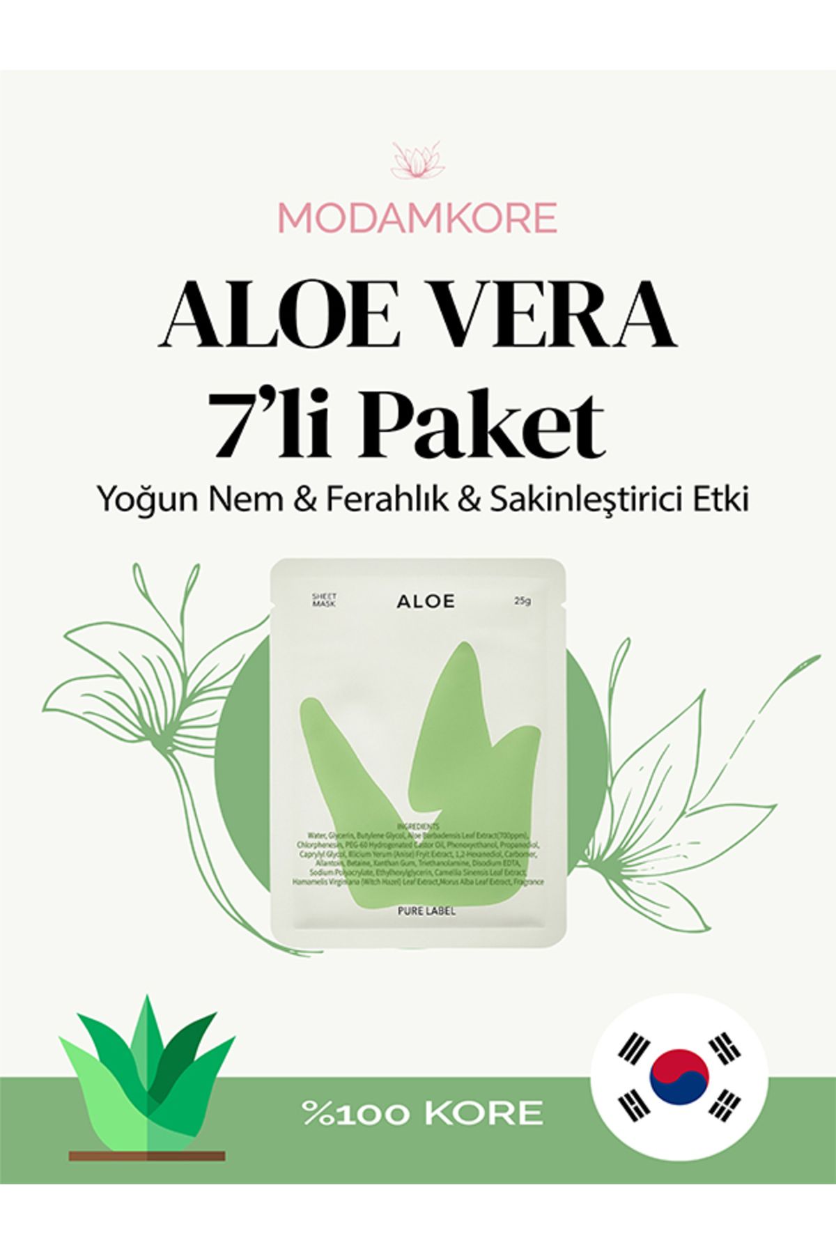 ModamKore 7'li Paket Aloe Vera Kore Yüz Maskesi – Yoğun Nem - Ferahlık - Sakinleştirici Etki