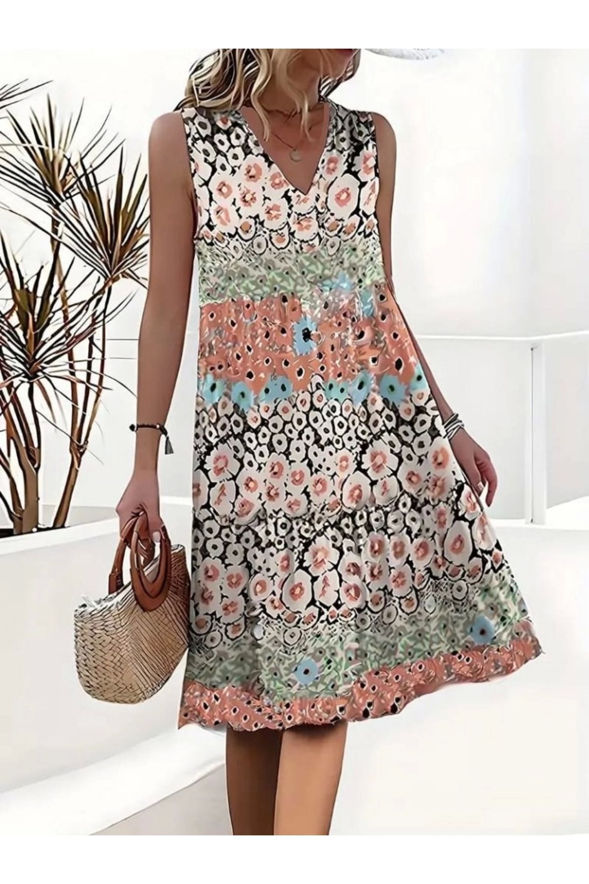 Butik Kadın Kolsuz V Yaka çiçek Desenli Süprem Elbise