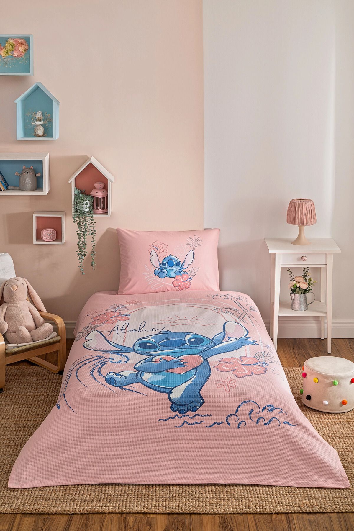 Özdilek Tek Kişilik Disney Lisanslı Lastikli Çarşaf Çocuk Pike Takımı Stitch Aloha