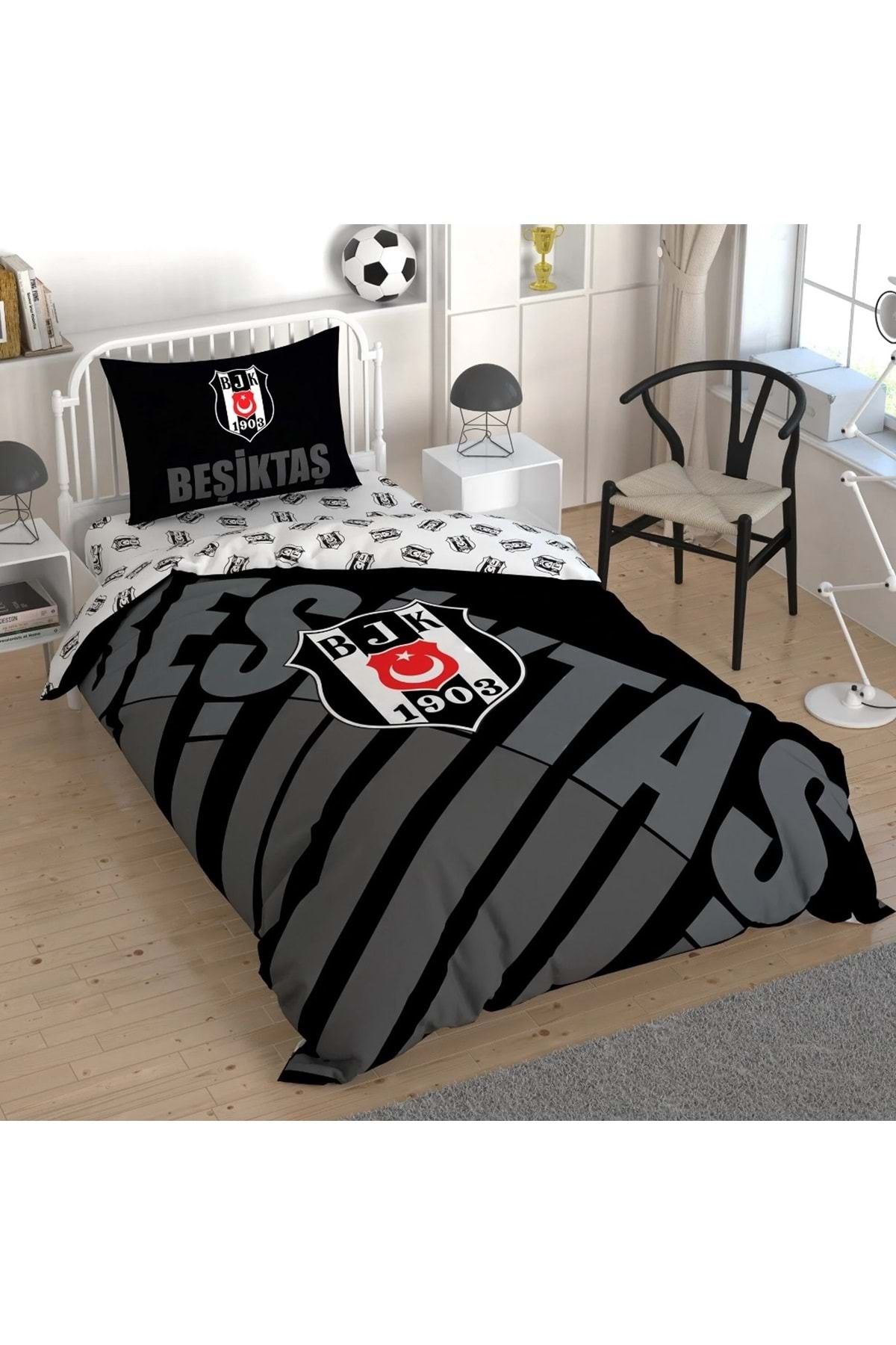 Taç Taç Taraftar Lisanslı Ranforce Çarşafı Lastikli Tek Kişilik Nevresim Takımı-Beşiktaş Siyah Logo