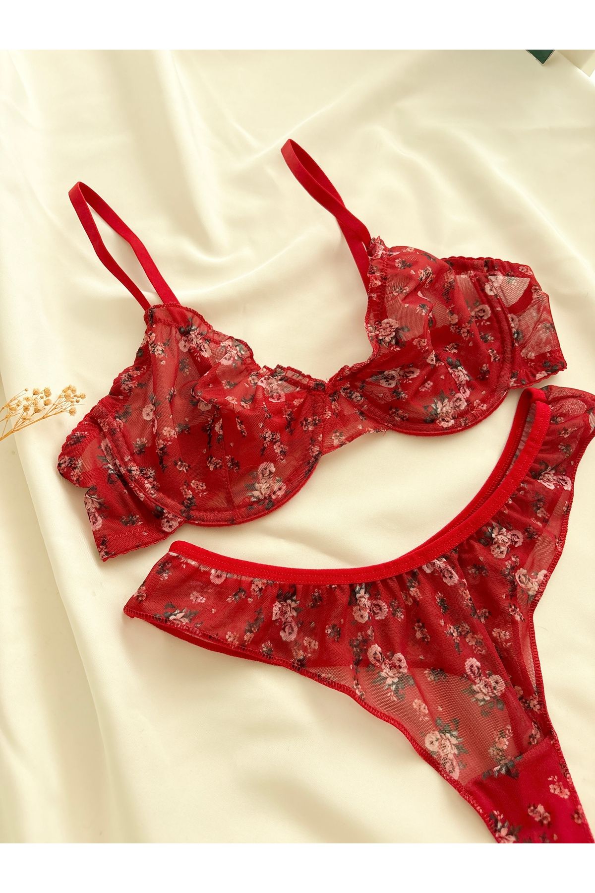 lunesa Kırmızı Çiçekli Tül Bralet Takım (Sütyen&Tanga)
