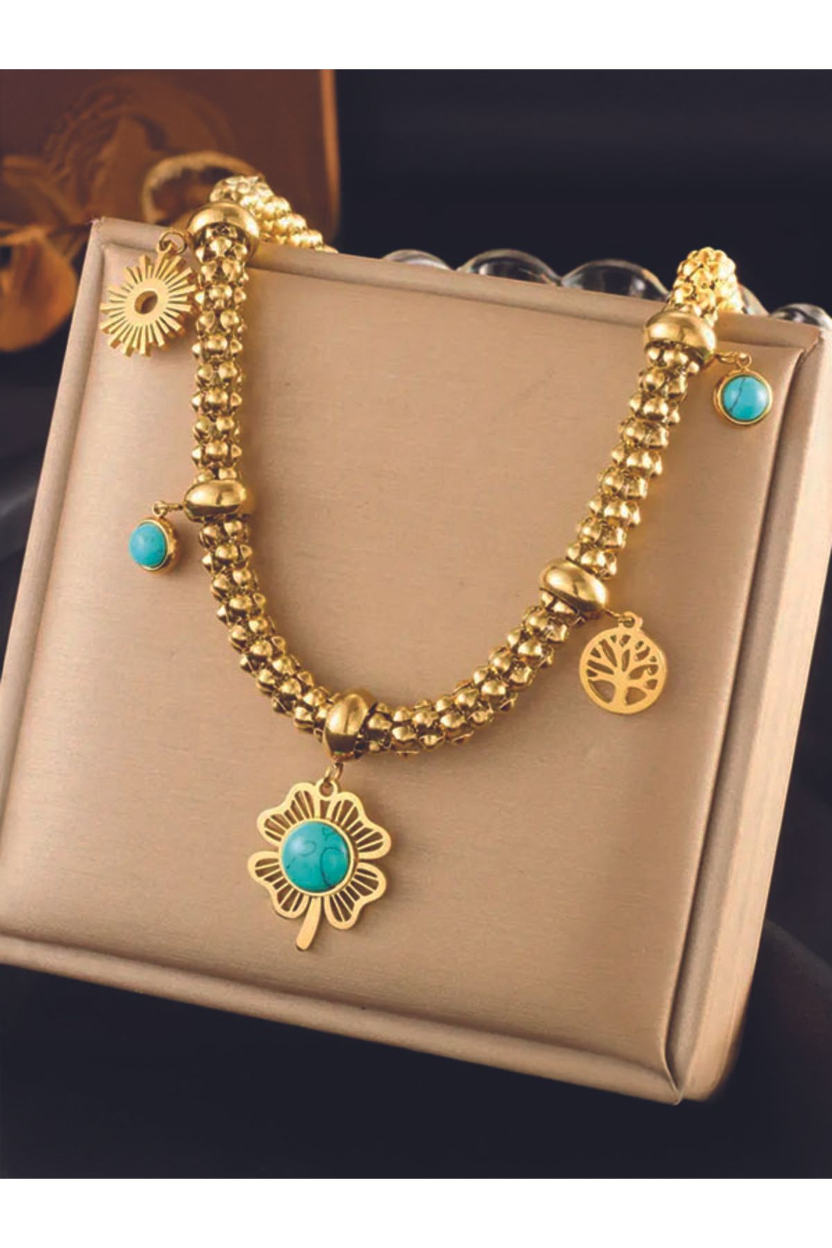 Bujiteri Boho Vintage Tasarım Altın Kaplama Kadın Zincir Kolye , Turkuaz Yapraklı Çiçek Detay, Çelik Kolye