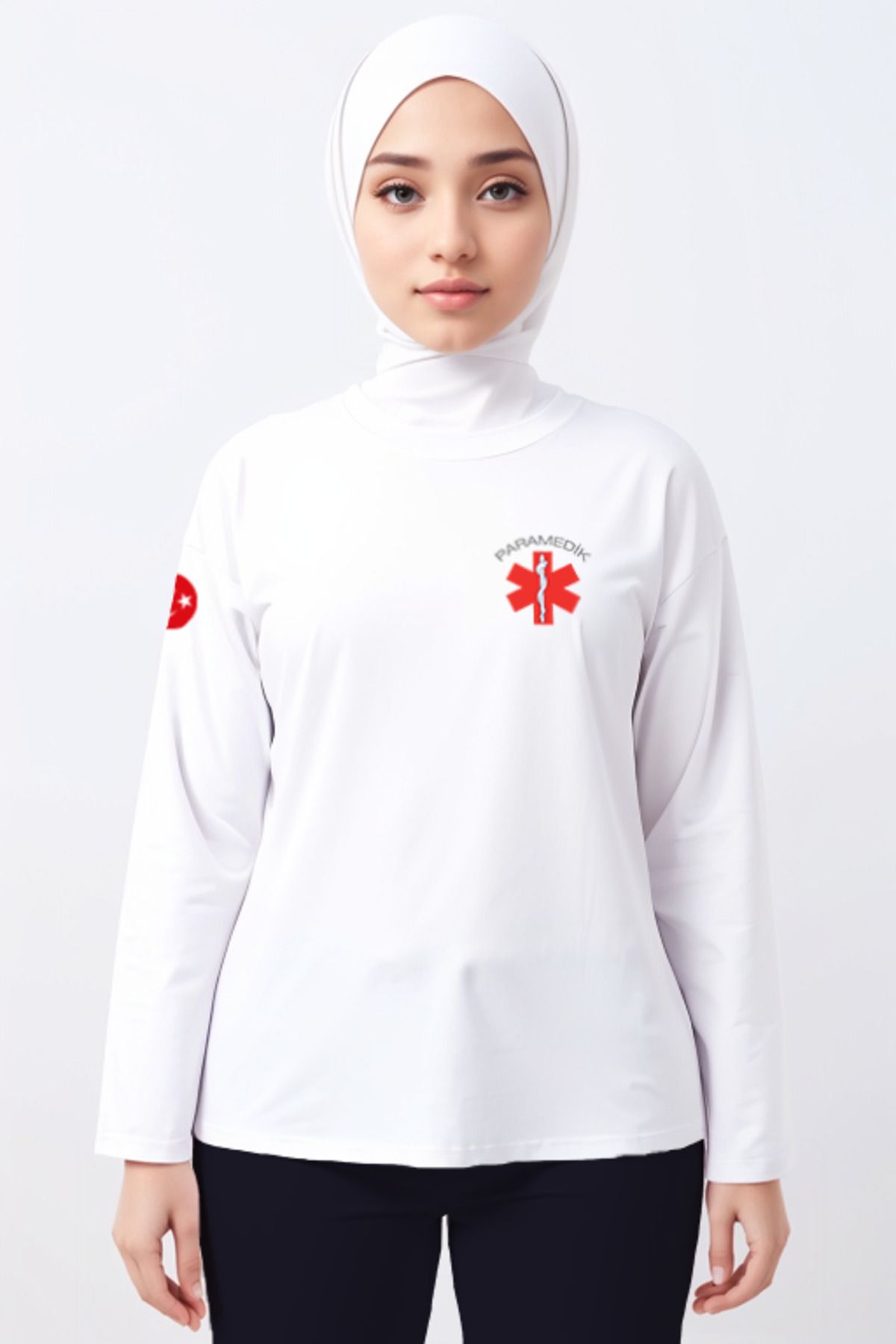 Pratik Medikal Beyaz Paramedik Bisiklet Yaka Uzun Kollu Tişört Unisex