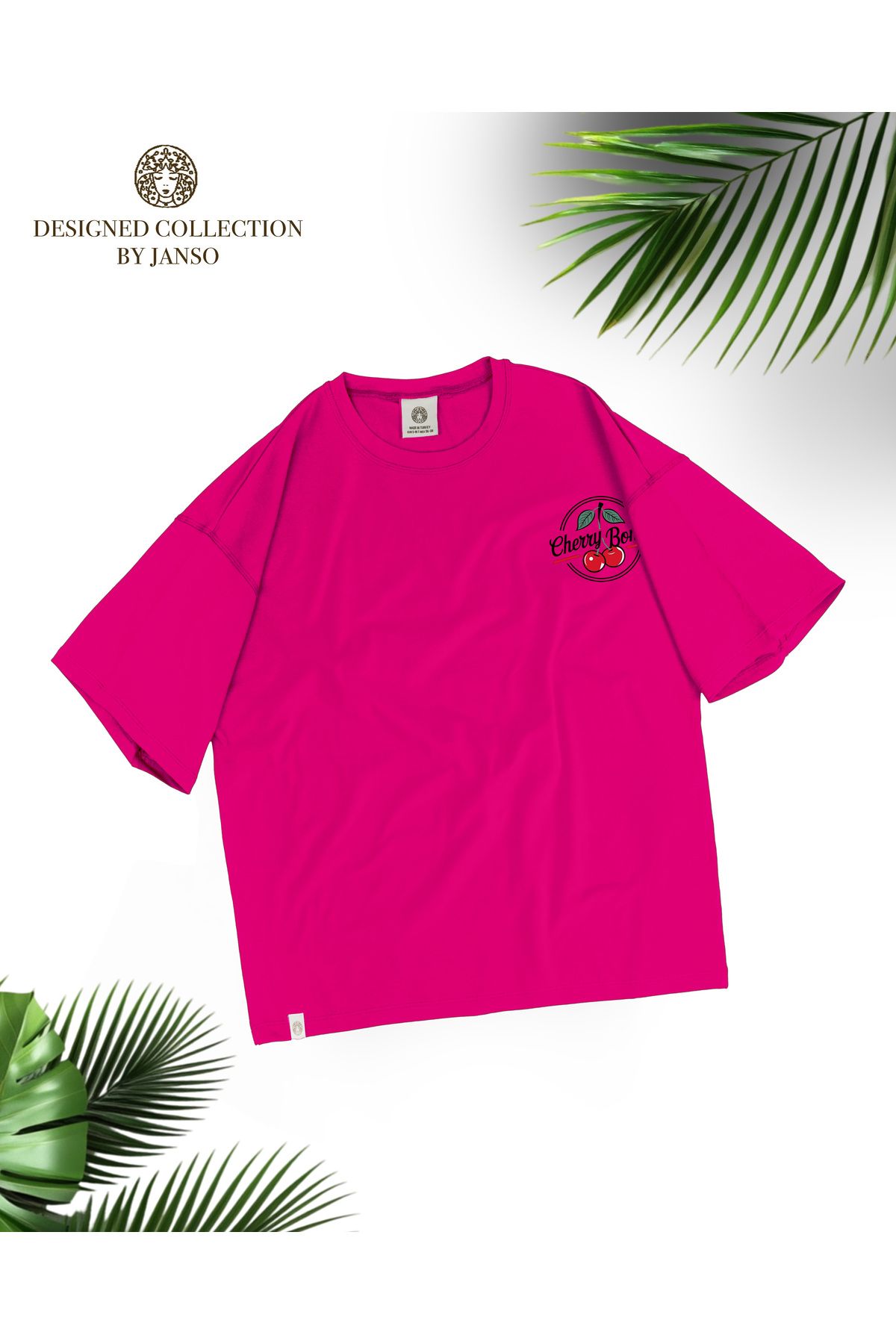 JANSO GROUP -Kadın PAMUKLU BASKLI Cherry Bor TSHIRT OVERSİZE BÜYÜK BEDEN