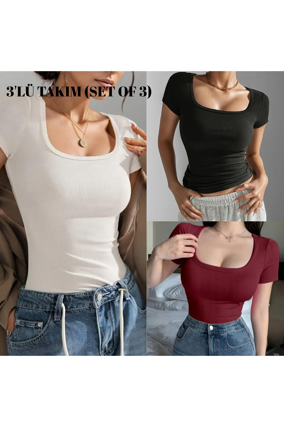 Wearflawless 3'lü Takım Kaşkorse Kumaş Fitilli Göğüs Dekolteli Kısa Kollu Bluz, T-Shirt