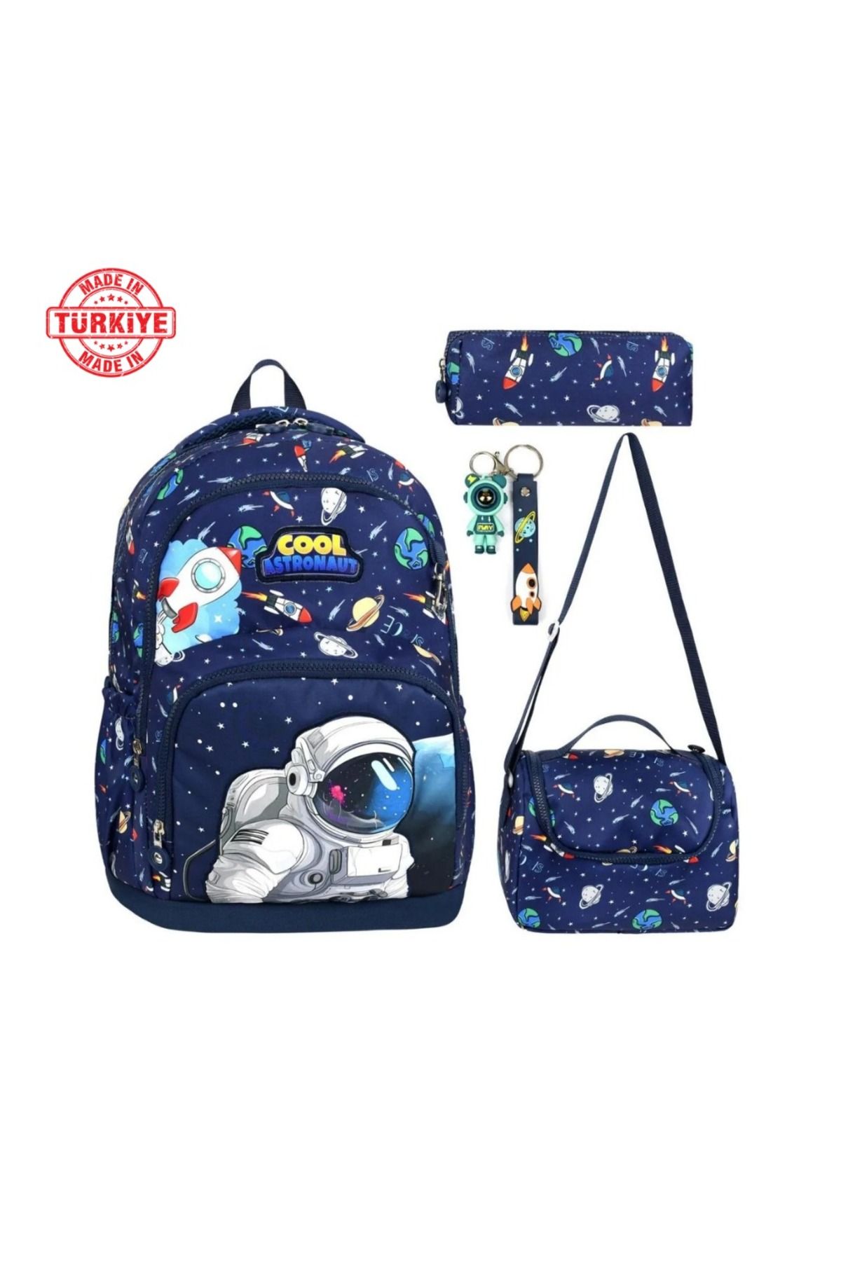 great bags Erkek Çocuk Ortopedik Su Geçirmez Uzay Desen İlkokul Sırt Çantası Termal Beslenme+Kalemlik+Anahtarlı