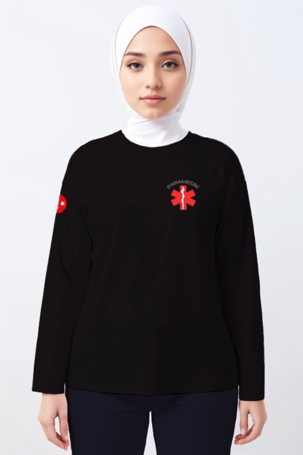 Pratik Medikal Siyah Paramedik Bisiklet Yaka Uzun Kollu Tişört Unisex