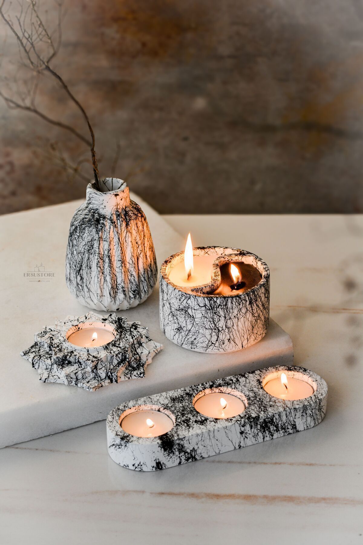 Elioure Mermer desenli tealight ve vazo seti, dekoratif ve hediye için şık tasarım