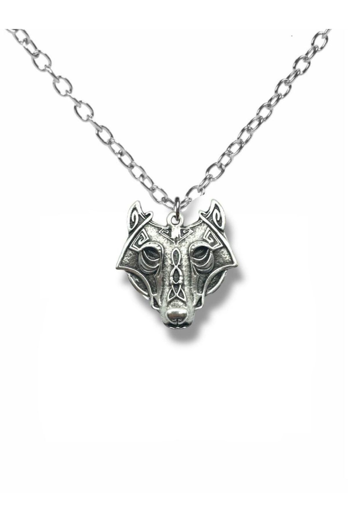 Herşey Nota Fenrir’s Fury – Gri Viking Kurt Başı Figürlü Unisex Kolye (60 cm Zincirli)