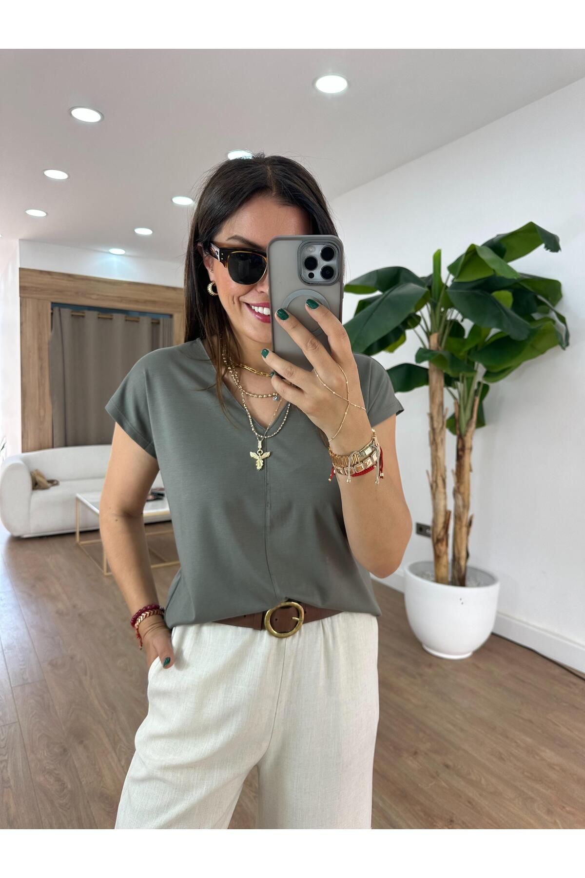 2she V Yaka Basic Modal Tshirt - Haki