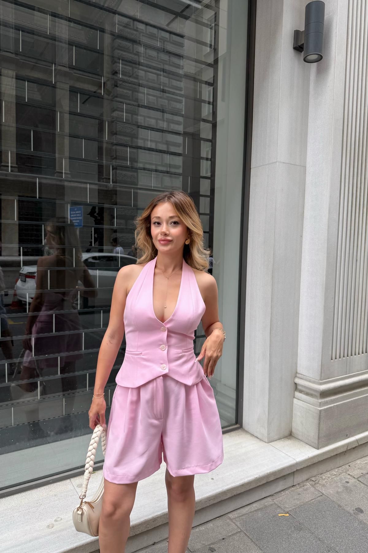 mylove Boyundan Bağlamalı Yelek Şort Takım Pembe
