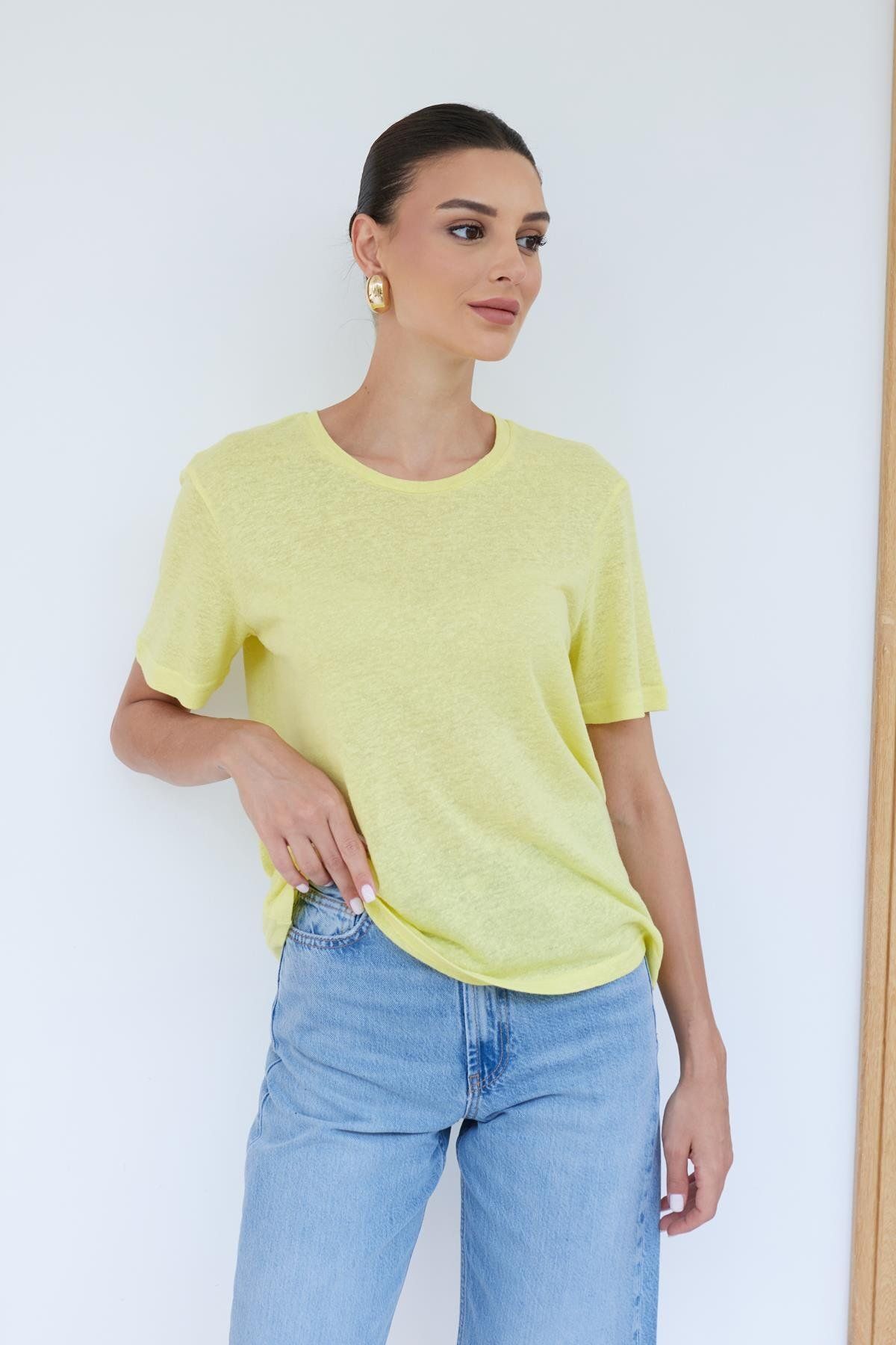 Askı Tekstil Sarı Bisiklet Yaka Transparan T-shirt