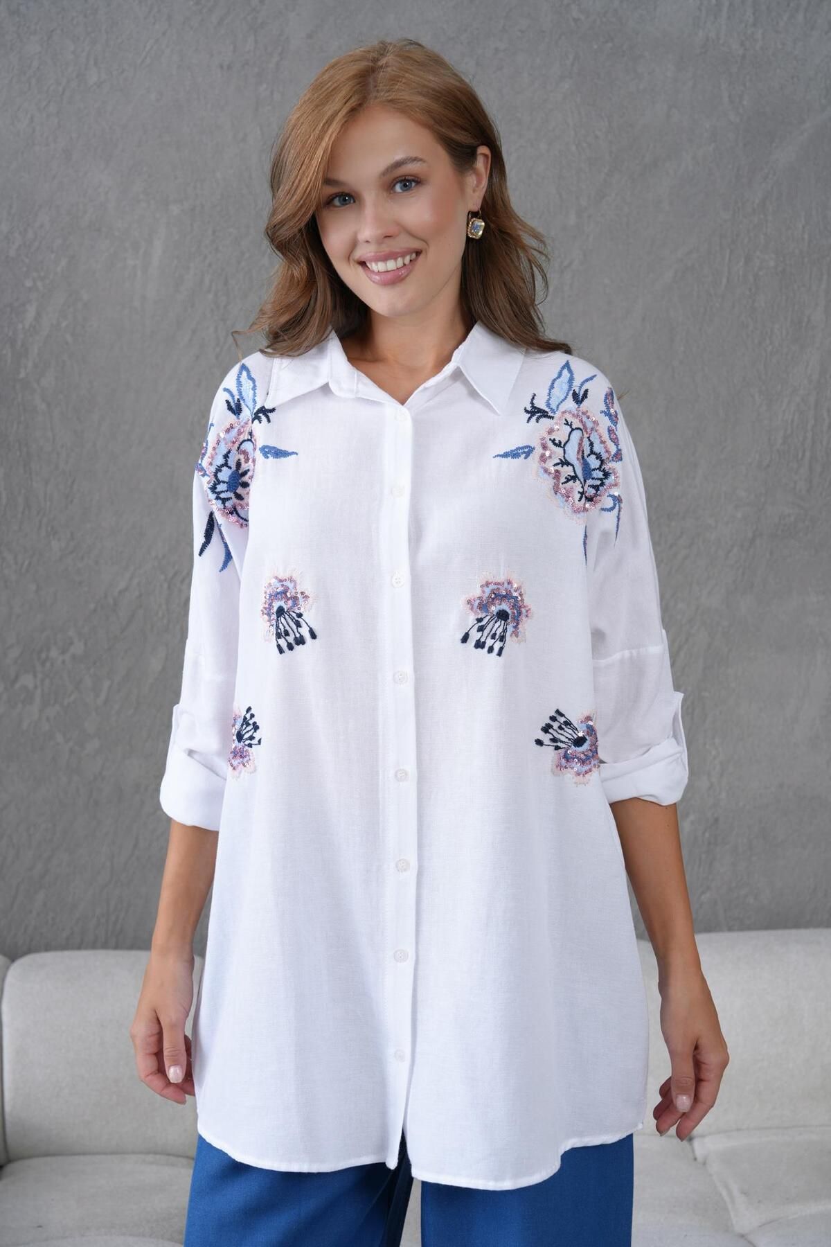 BURRASCA NAKIŞ İŞLEMELİ OVERSIZE KETEN GÖMLEK
