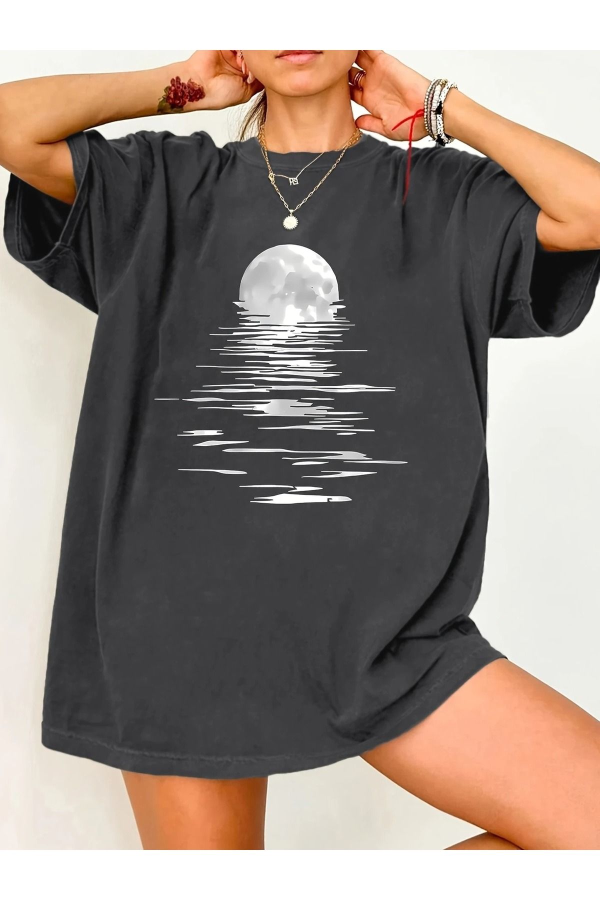 WOODROFFE Kadın Yakamoz Baskılı Füme T-shirt Oversize Salaş