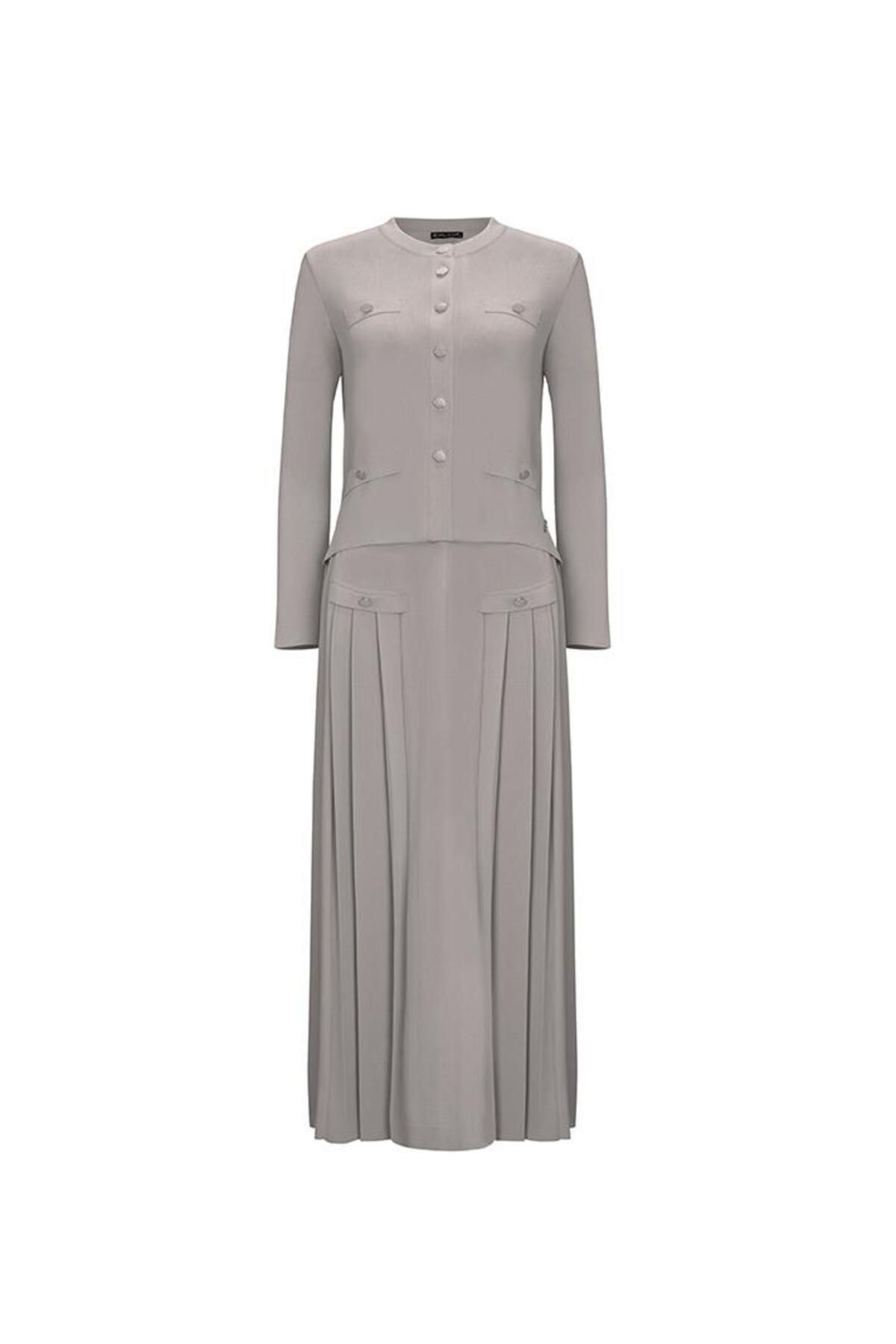 MISS DALIDA Gri Önü Düğmeli Cep Kapaklı Triko Kloş Etek T25Y-2006