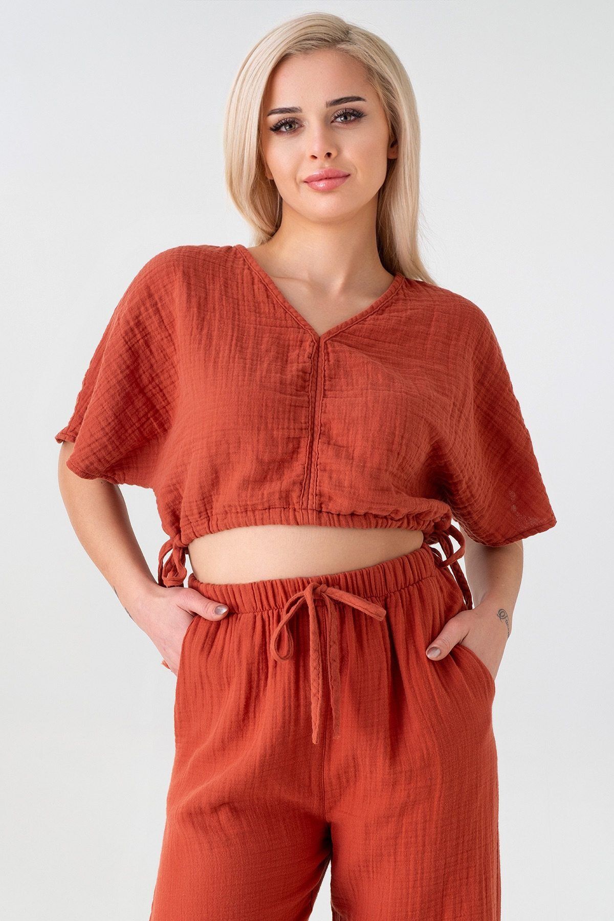 Fashion Showcase Müslin %100 Doğal Kumaş V Yaka Beli Ayarlanabilir Crop Kiremit