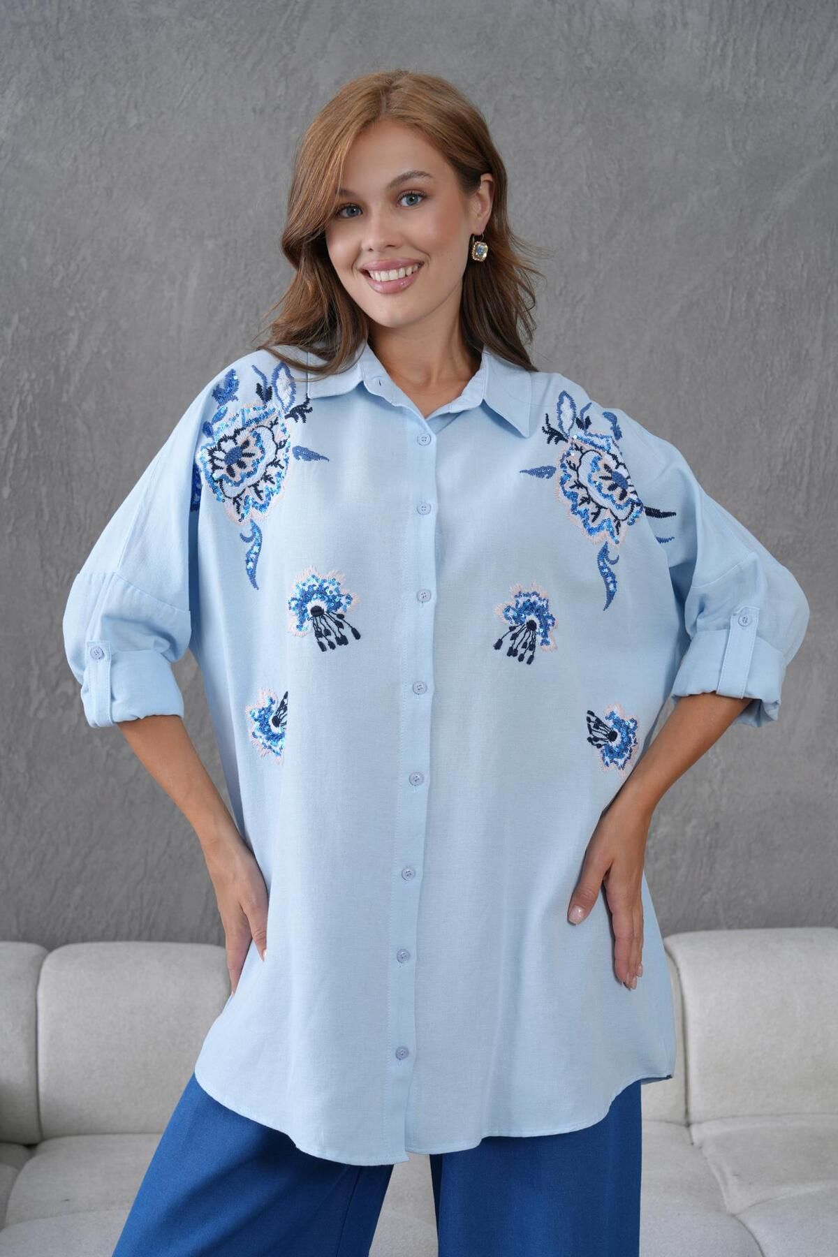 BURRASCA NAKIŞ İŞLEMELİ OVERSIZE KETEN GÖMLEK