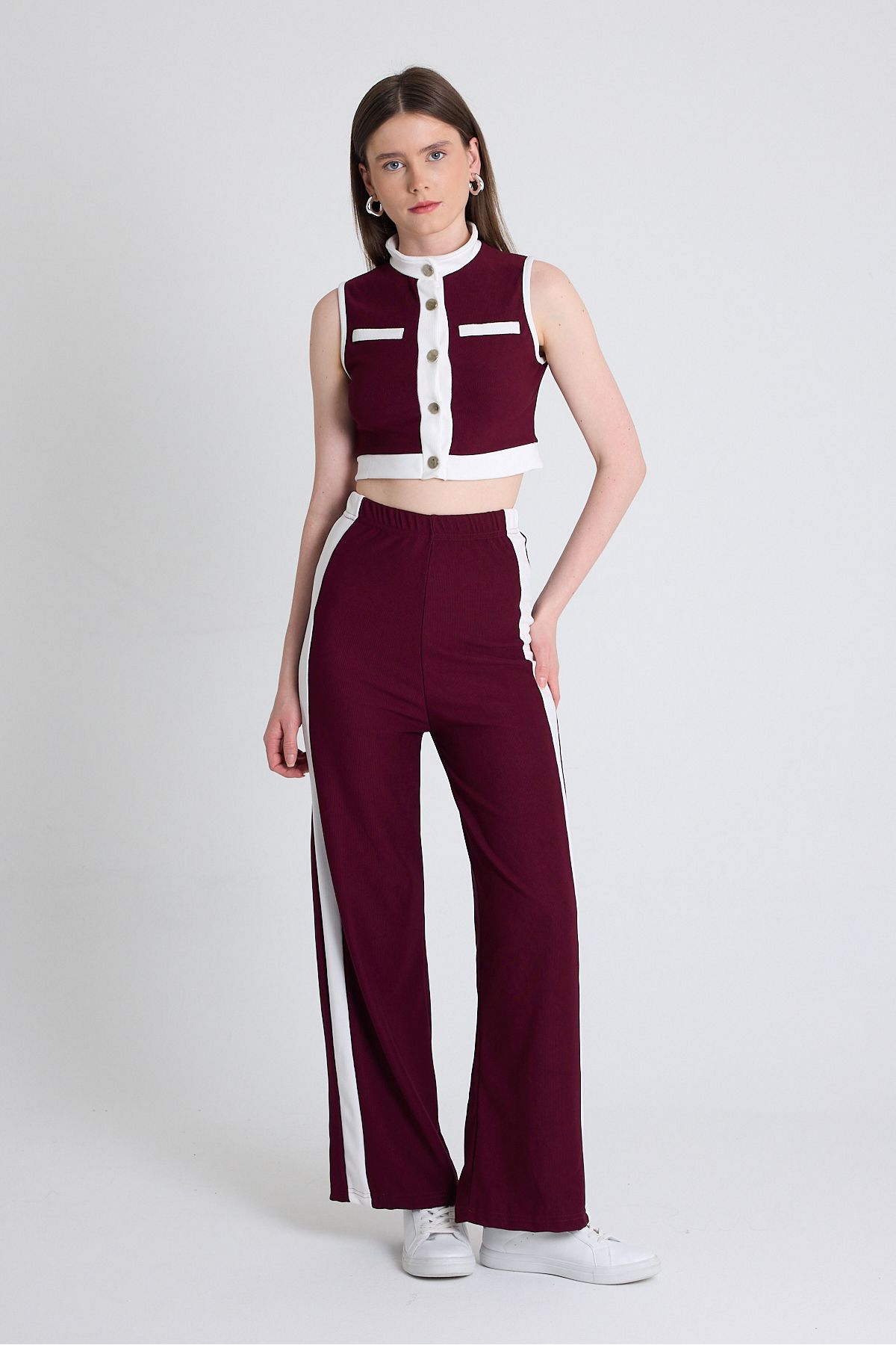 Rays Bordo Kolsuz Crop Bluz ve Şeritli Palazzo Pantolon Takım 2214