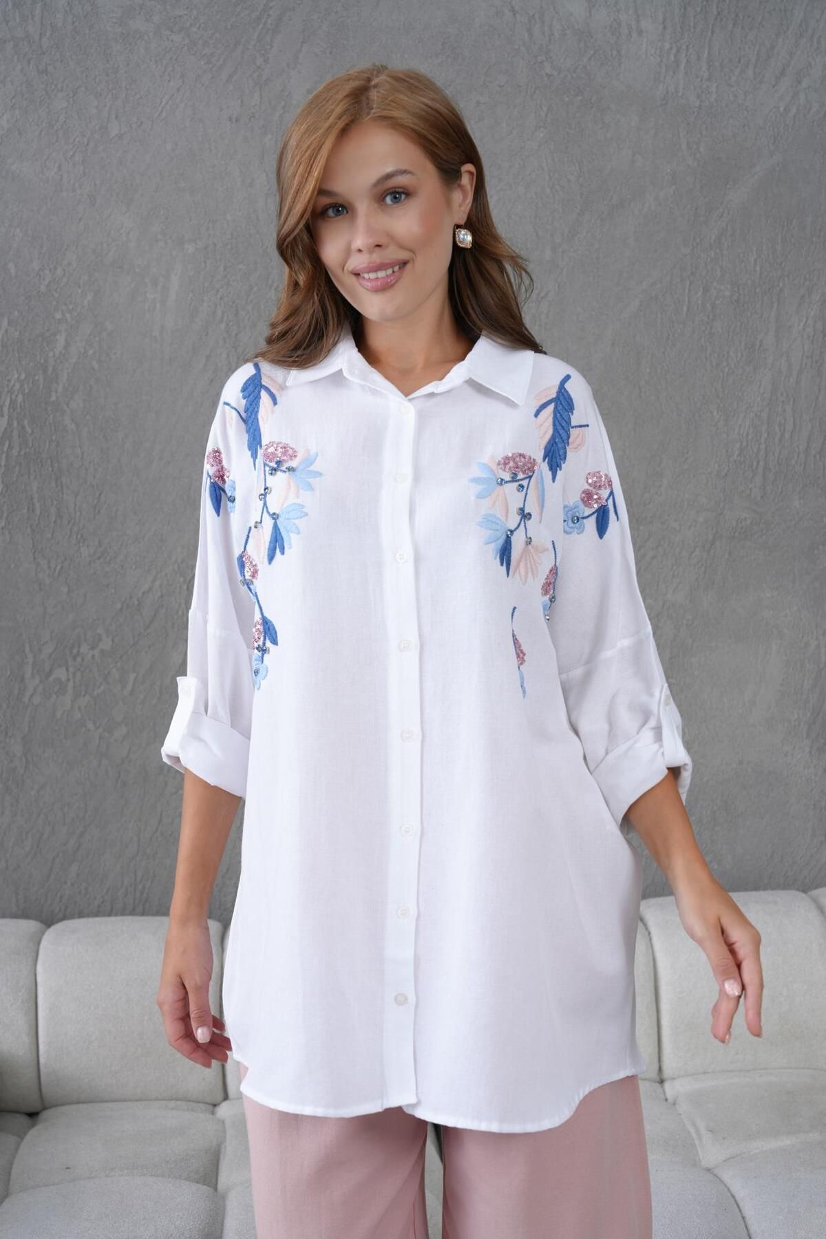 BURRASCA NAKIŞ İŞLEMELİ OVERSIZE KETEN GÖMLEK