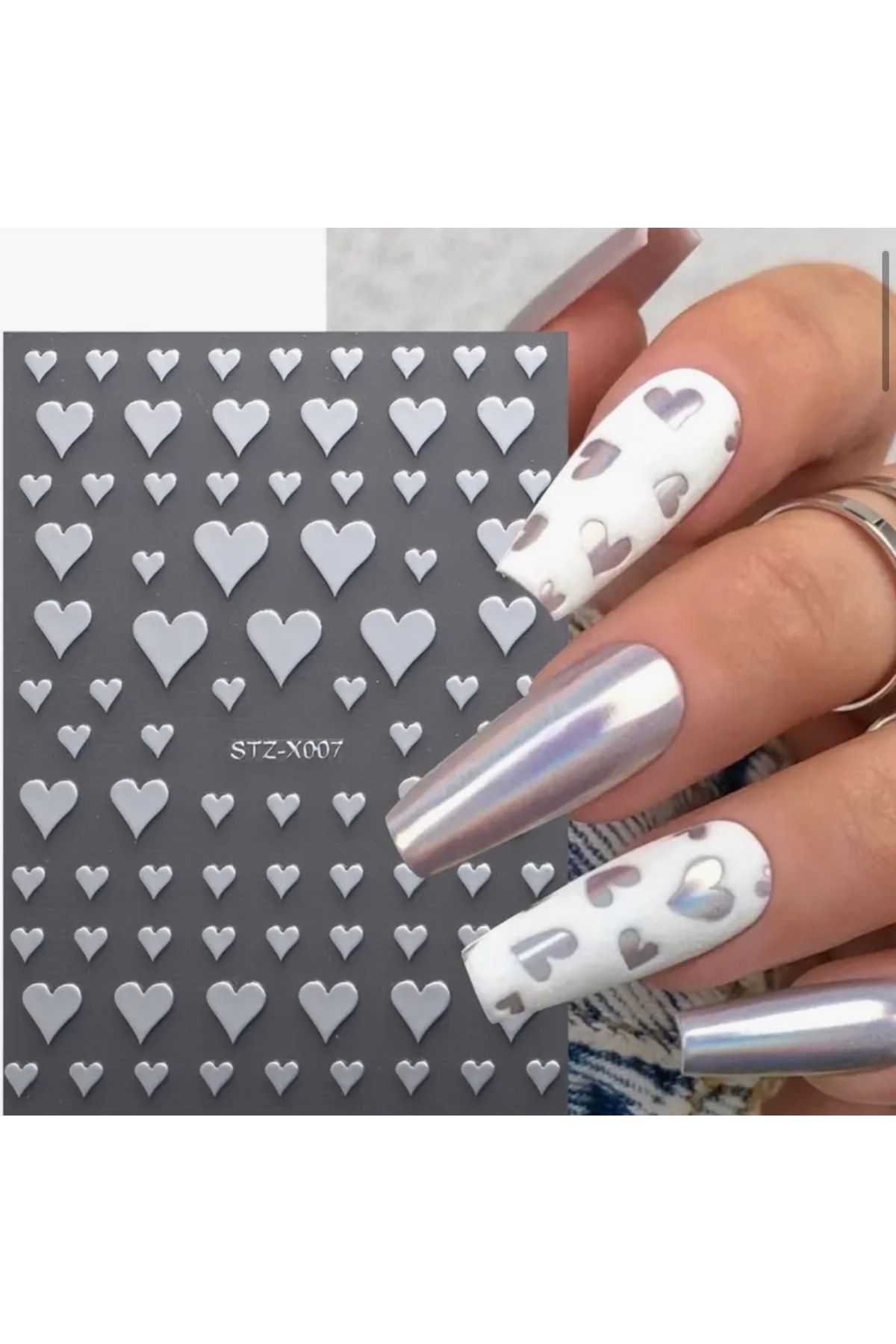 AEÇTASARIM Gümüş Renkli Kalpli Tırnak Süsleme Stickerı, Nail Art Süslemeleri