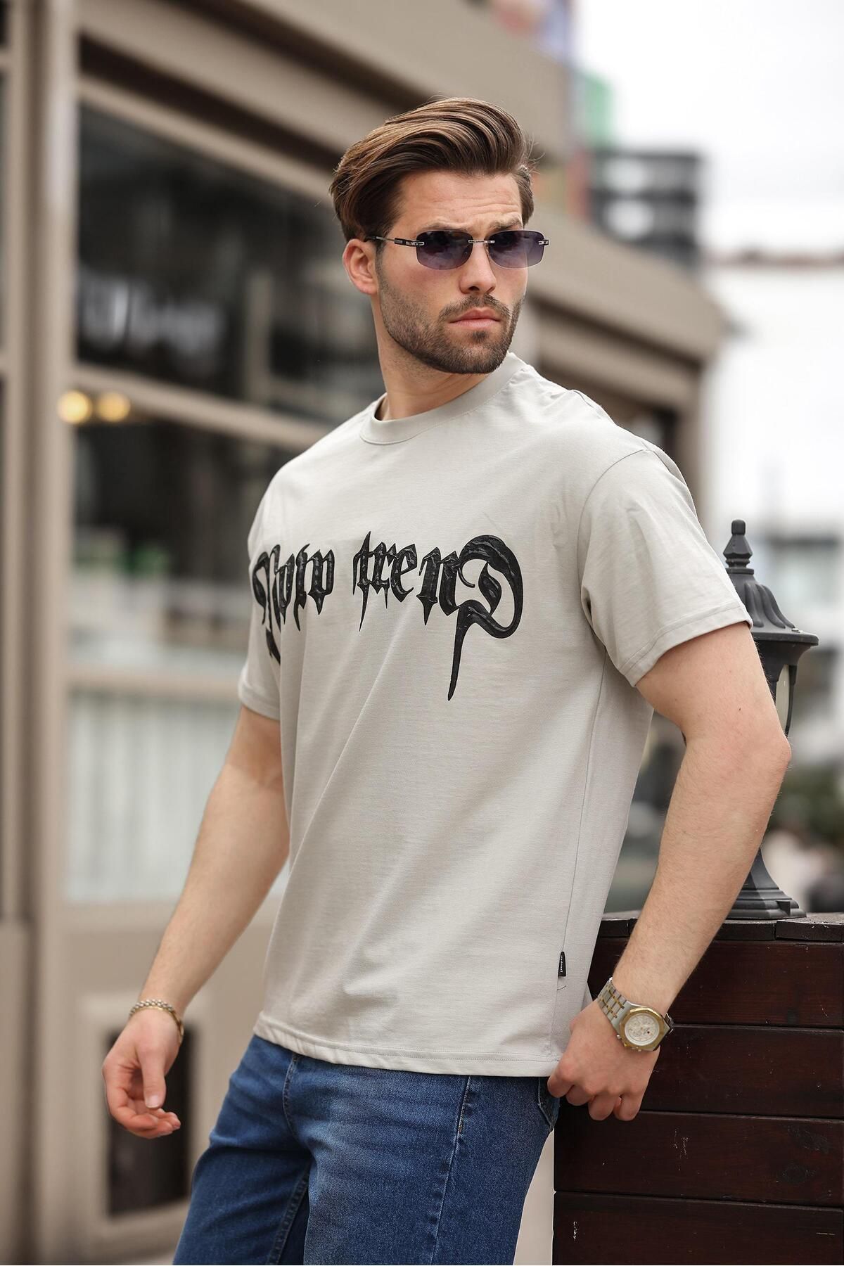 Madmext Boyalı Gri Baskılı %100 Pamuk Erkek T-shirt E7141