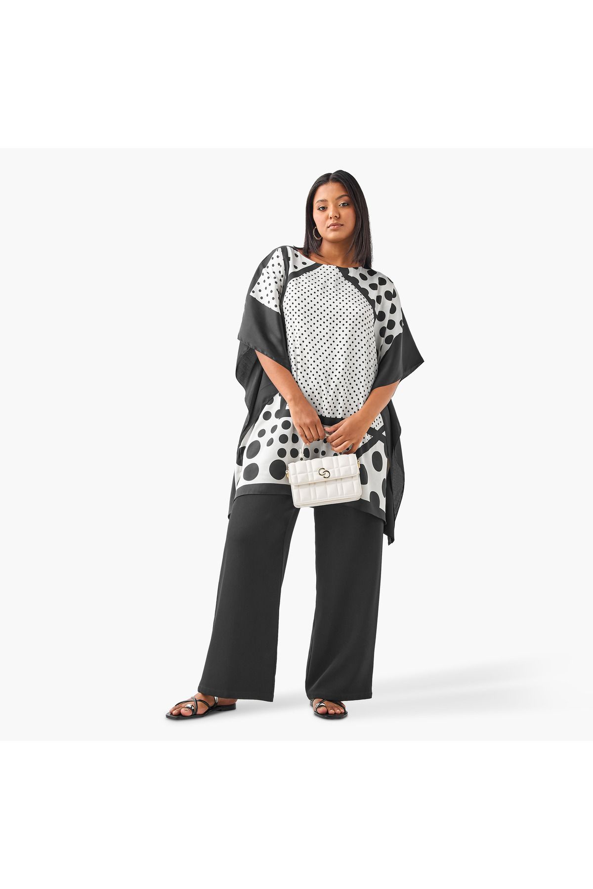 Ulla Popken-Ulla Popken Plus Size Printed Kaftan Top with Round Neck 2