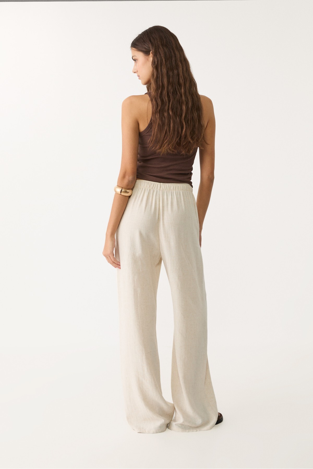 Stradivarius  Keten Karışımlı Bol Kesim Ekru Pantolon - Görsel 4