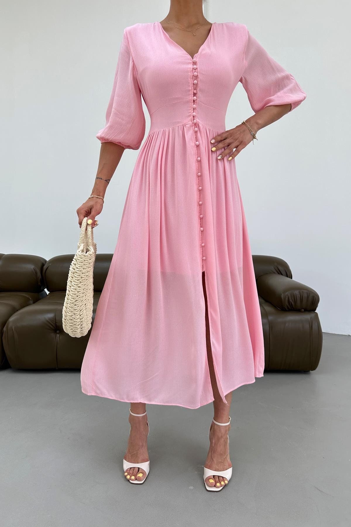 mylove Krinkıl Düğmeli Elbise Pembe