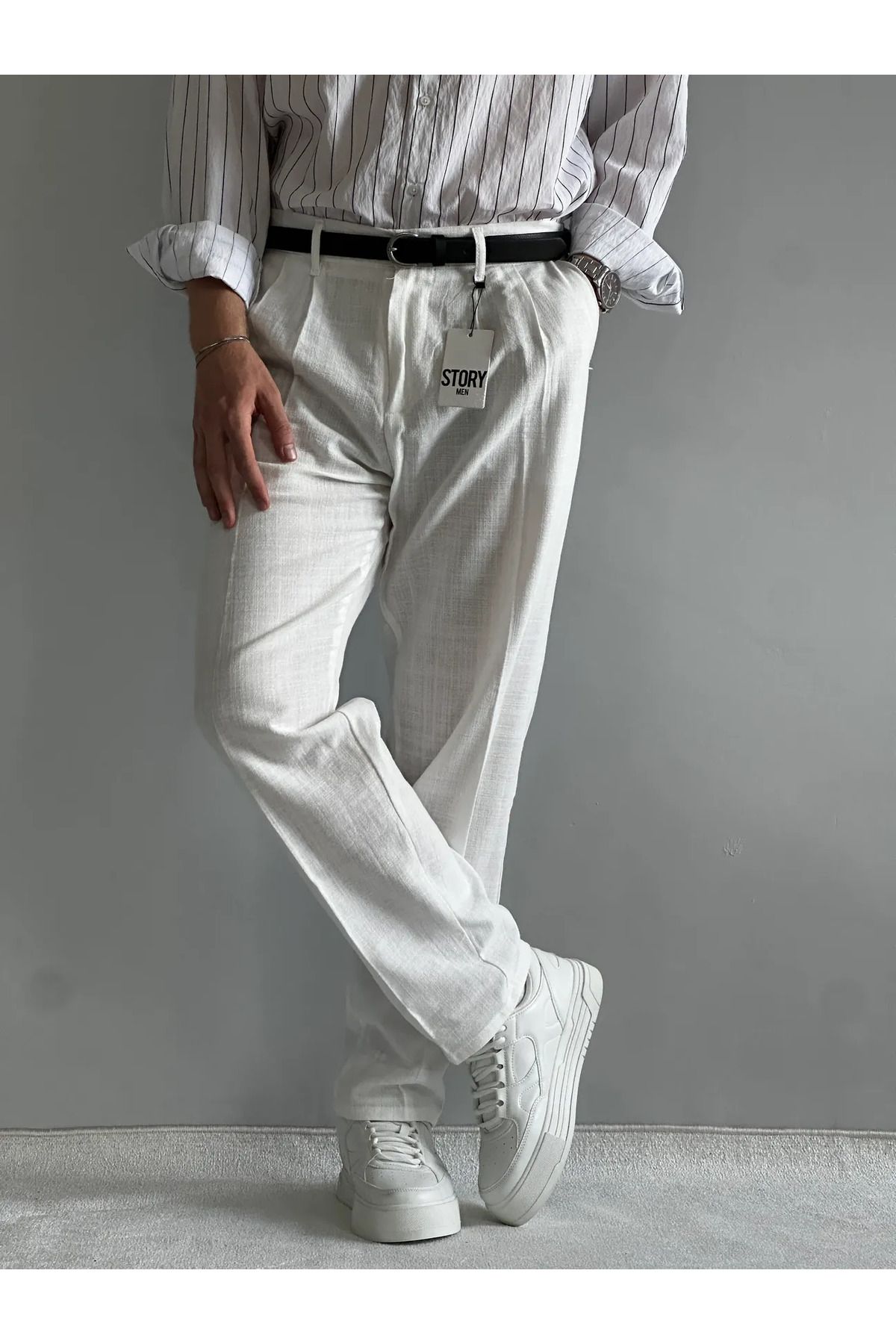 MENOFOURSWEAR Beyaz Ham Keten Premium Baggy Kalıp Pantolon