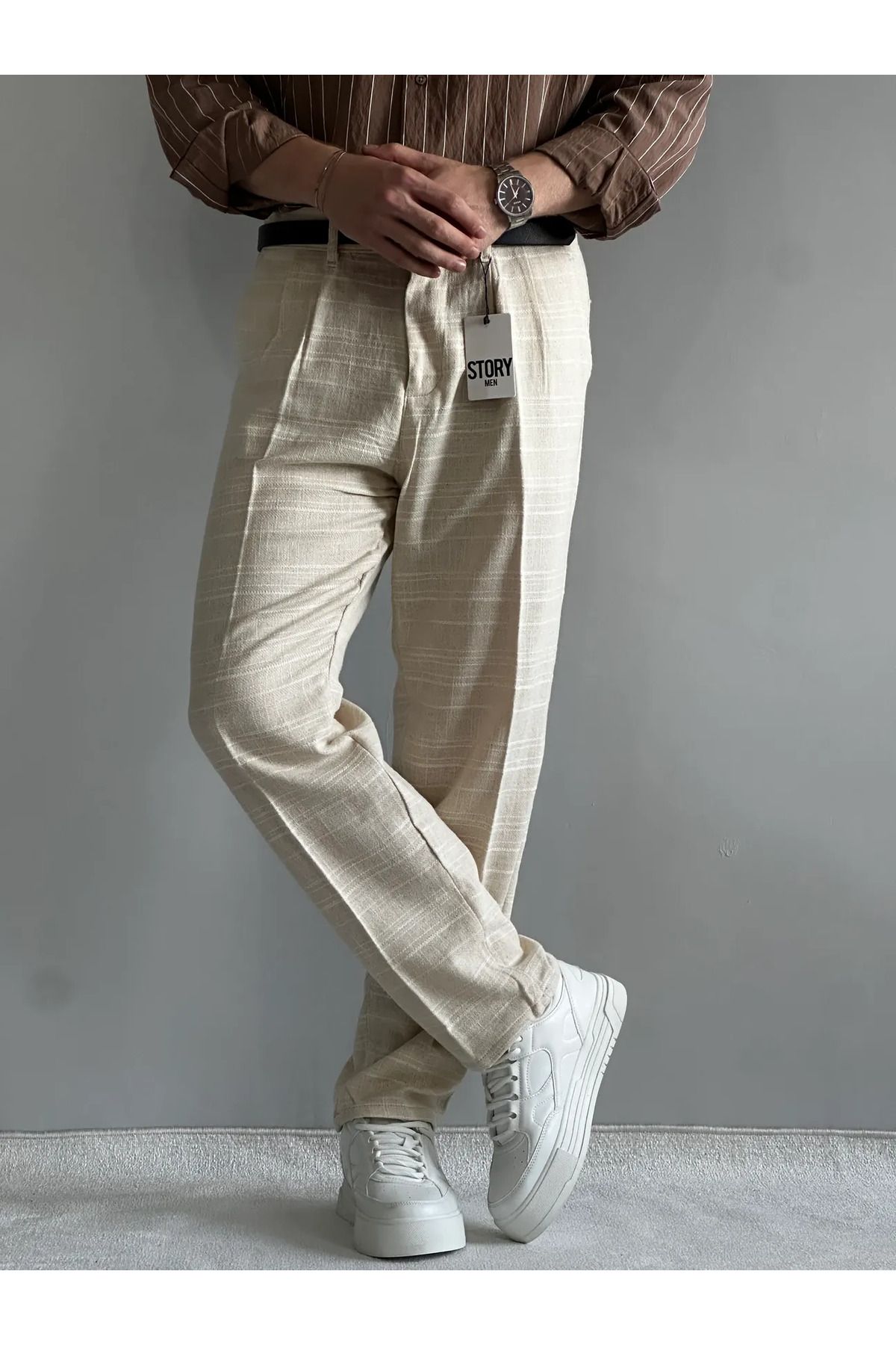 MENOFOURSWEAR Krem Ham Keten Premium Baggy Kalıp Pantolon