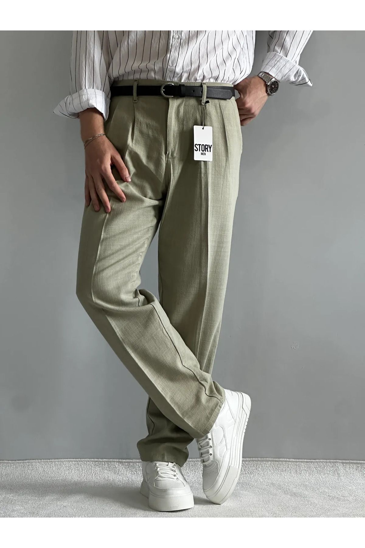 MENOFOURSWEAR Çağla Yeşili Ham Keten Premium Baggy Kalıp Pantolon