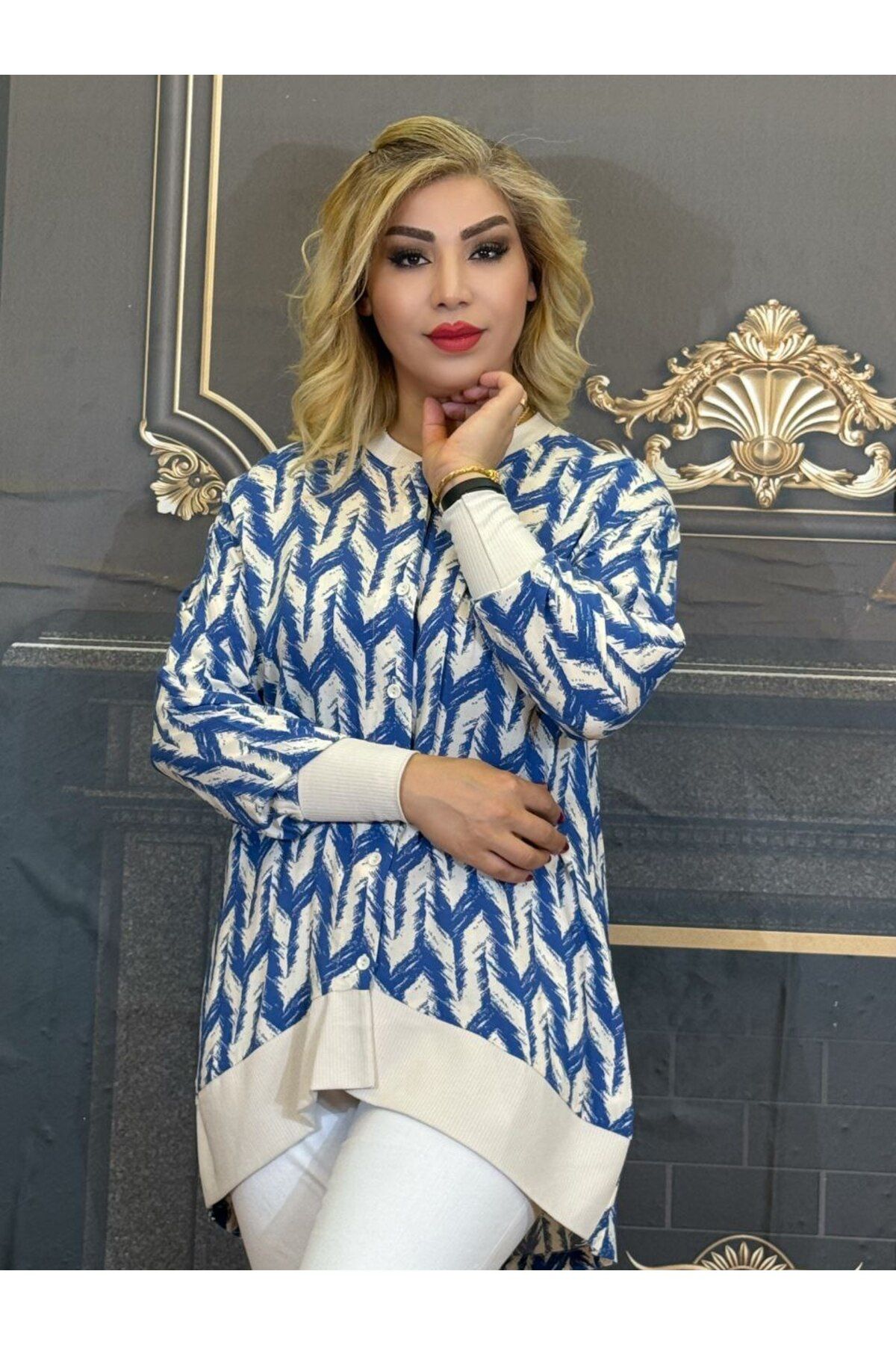 Yeşilmoda Tunik Mavi desenli Uzun kollu Günlük pamuklu Düğmeli Kadın