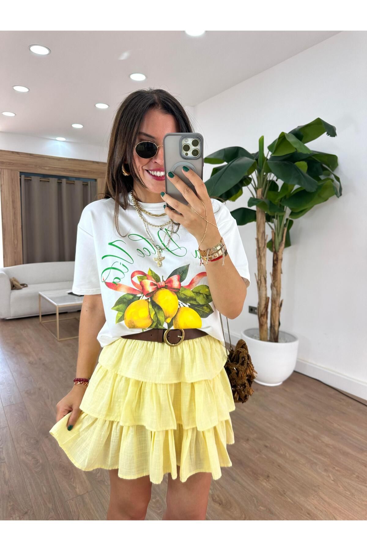 2she Beli Lastikli Fırfırlı Mini Etek - Sarı