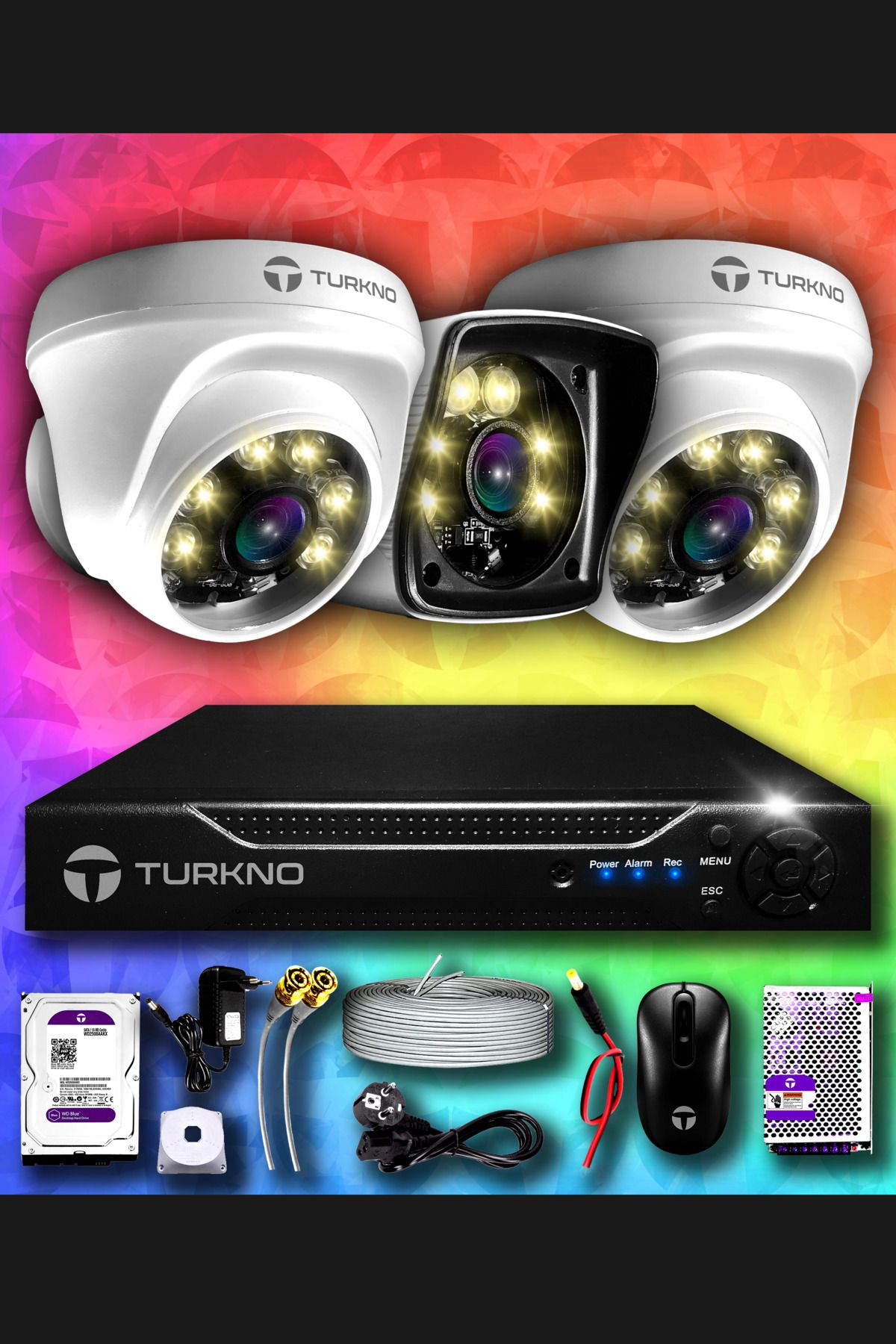 Turkno 3 Kameralı Karie 2 Iç Kamera Set 1 Tb Hdd Full Hd Renkli Gece Görüşlü Güvenlik Kamerası Sistemi