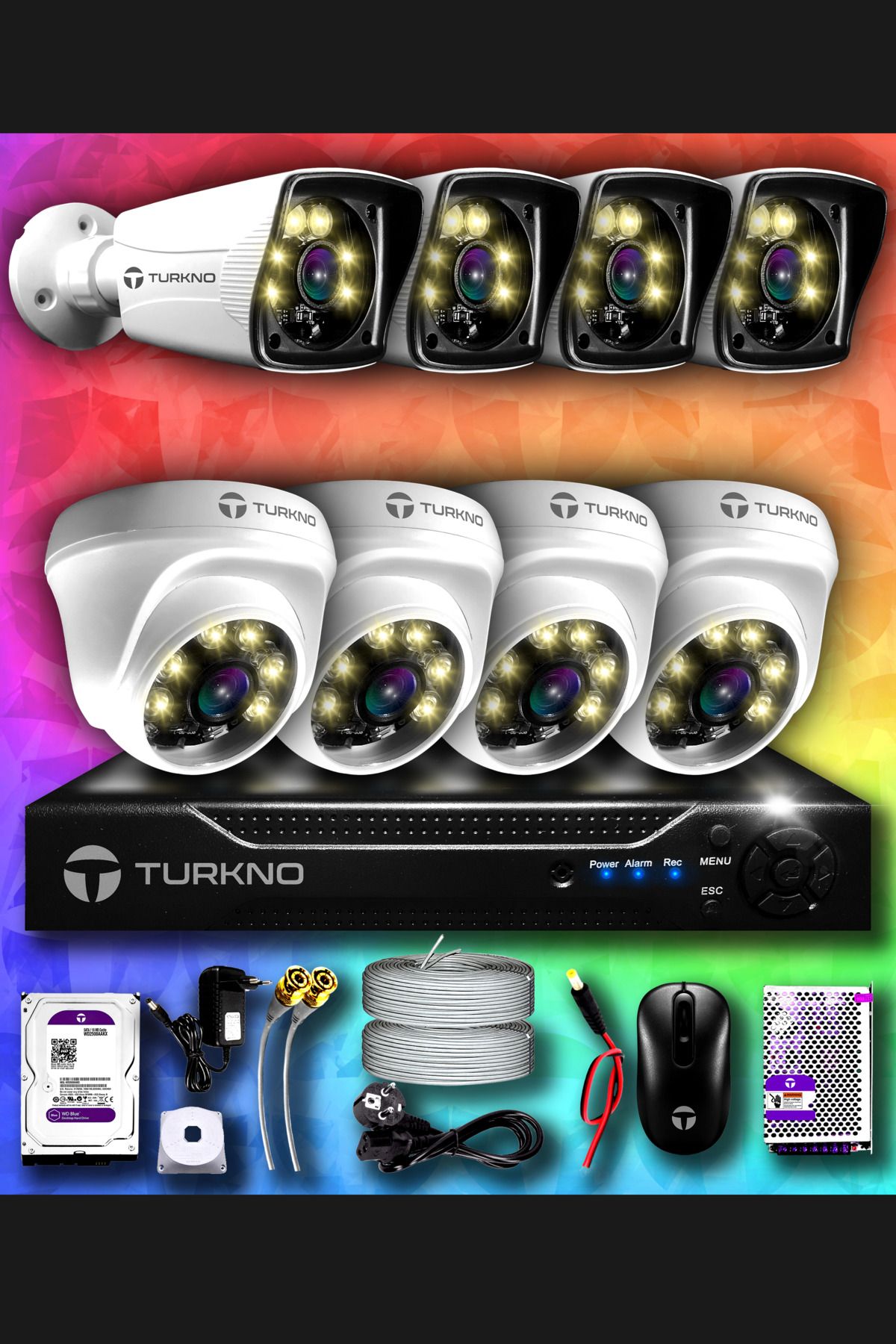 Turkno 8 Kameralı Karie 4 Iç Kamera Set 500 Gb Hdd Full Hd Renkli Gece Görüşlü Güvenlik Kamerası Sistemi