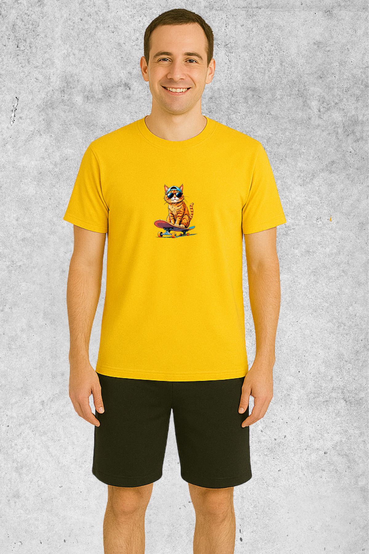 MOLICO Basic unisex sıfır yaka kısa kollu KAYKAYLI KEDİ BASKILI TSHİRT
