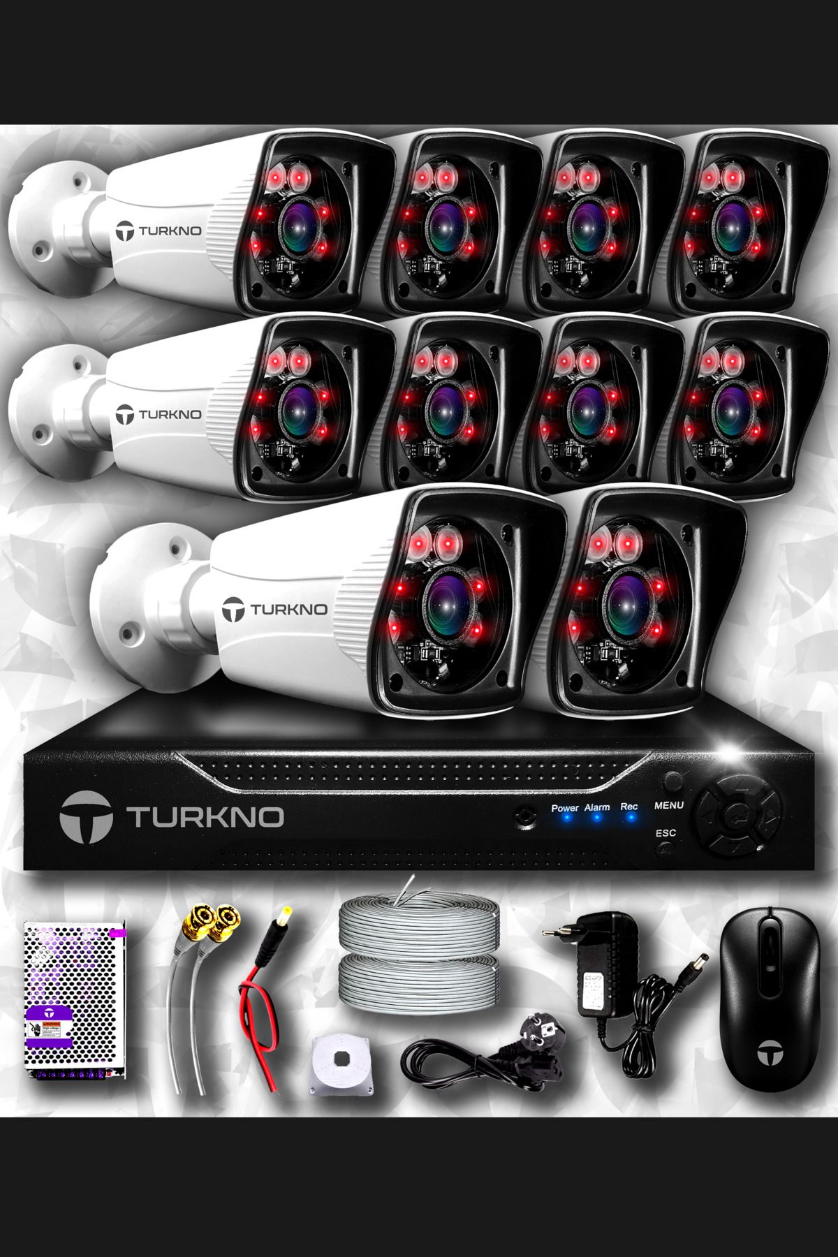 Turkno 10 Kameralı Karia 10 Dış Kamera Set Hdd'siz Full Hd Gece Görüşlü Güvenlik Kamerası Sistemi