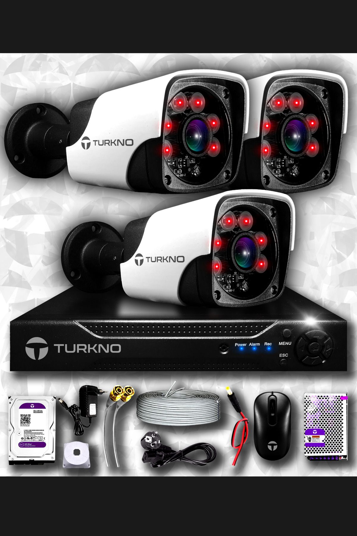 Turkno 3 Kameralı Pania 3 Dış Kamera Set 2 Tb Hdd Full Hd Gece Görüşlü Güvenlik Kamerası Sistemi