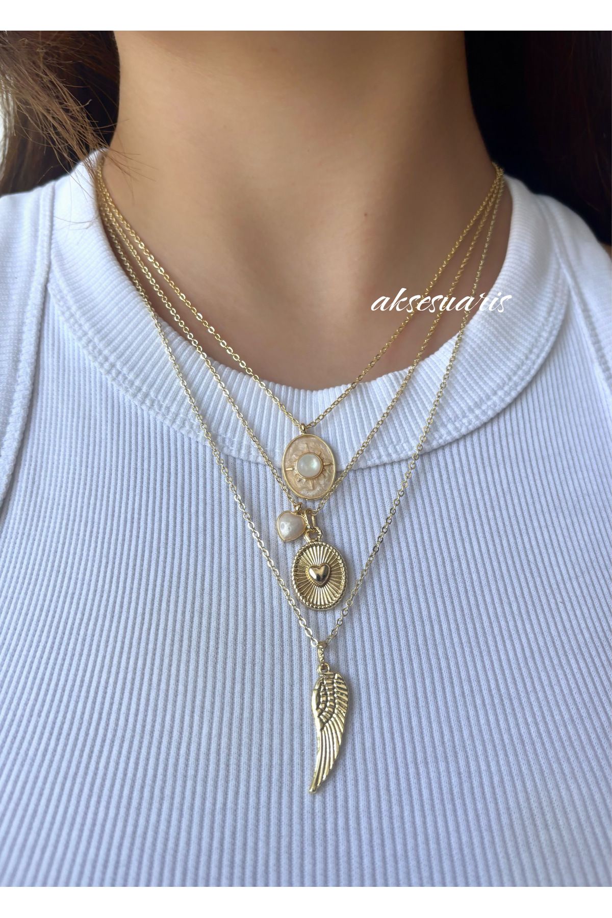 aksesuaris 3'lü Kalp Melek Charm Gold Kadın Kolye Set