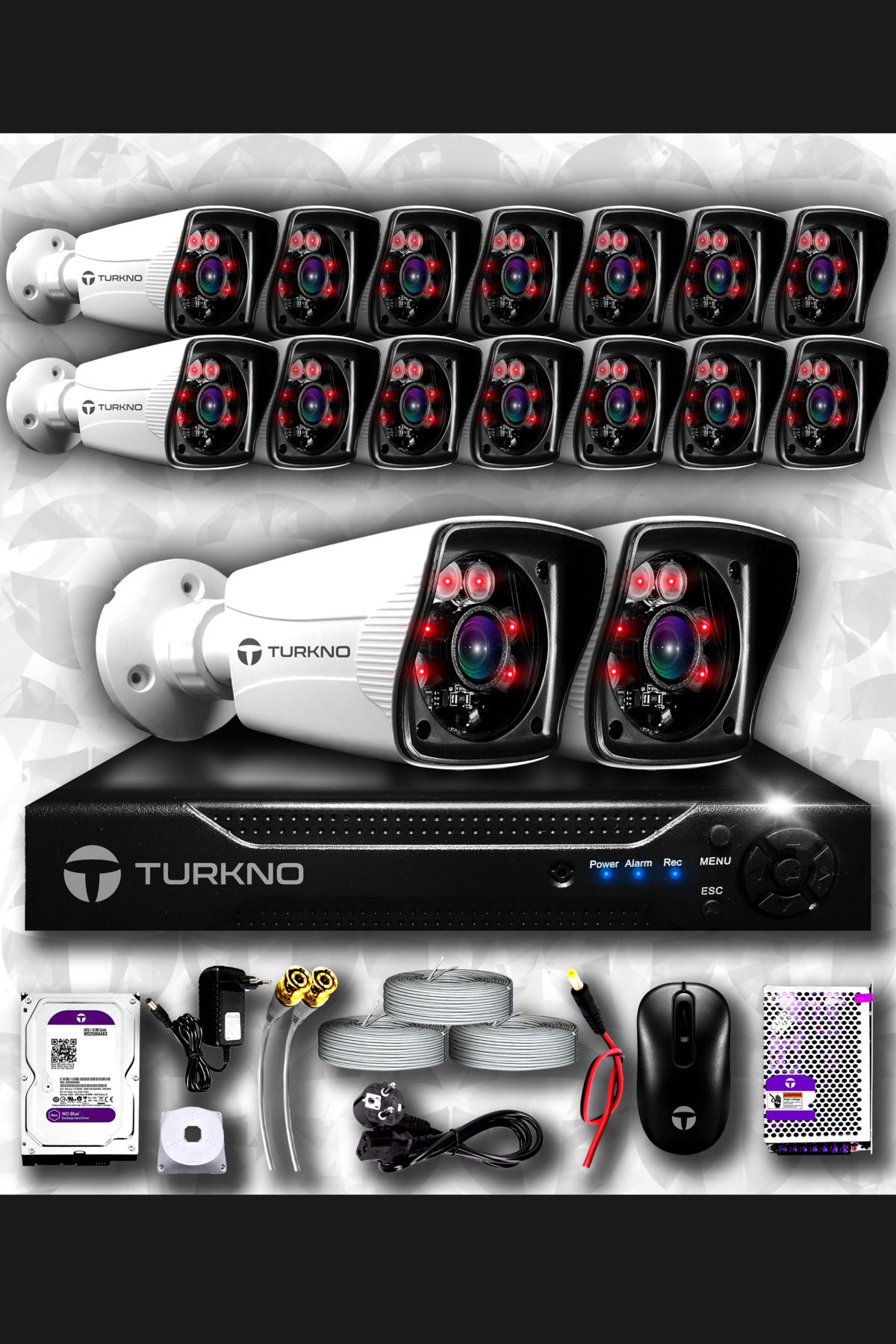 Turkno 16 Kameralı Karia 16 Dış Kamera Set 250 Gb Hdd Full Hd Gece Görüşlü Güvenlik Kamerası Sistemi