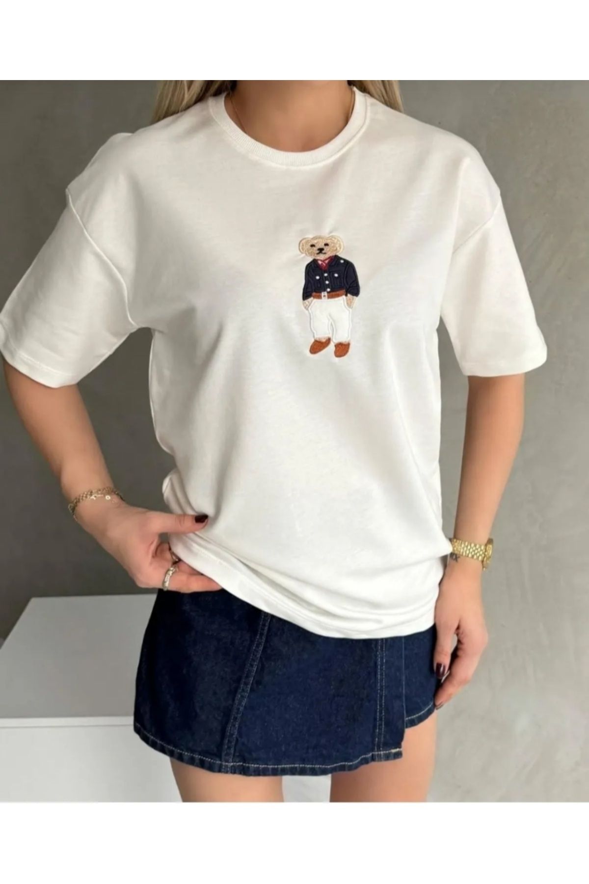 DERELİ Teddy Bear İşlemeli Tshirt - Beyaz
