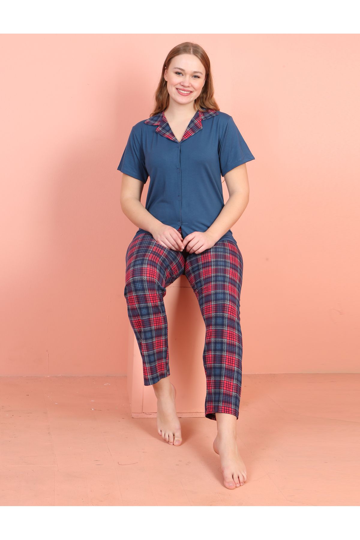 JENİKA Kısa Kollu Gömlek Yakalı Çift Renkli Ekose Desenli Düğmeli 2 Li Pijama Takım