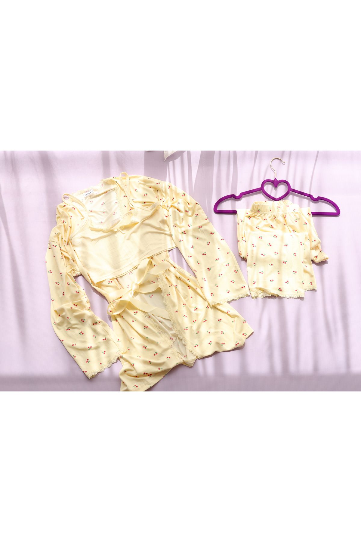 lovenel for love Croplu 3'lü Pijama Takımı Kiraz Desenli