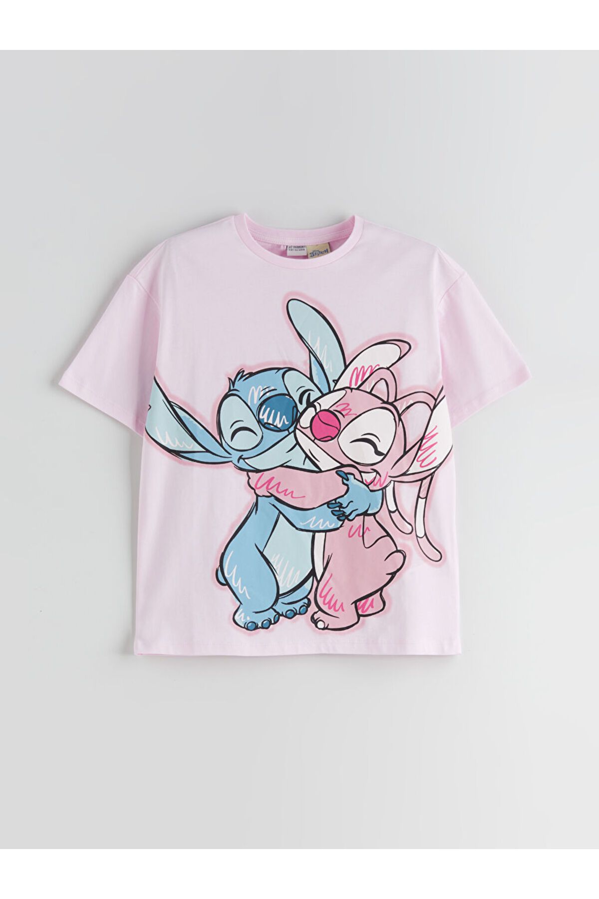 LC Waikiki LCW Kids Pembe Bisiklet Yaka Stitch ve Angel Baskılı Kız Çocuk Tişört S5QB23Z4NVY25