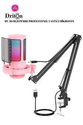 DRİTON Driton Youtuber Mikrofon Mv-6s PEMBE Rgb Usb Oyuncu Yayıncı Ve Podcast...