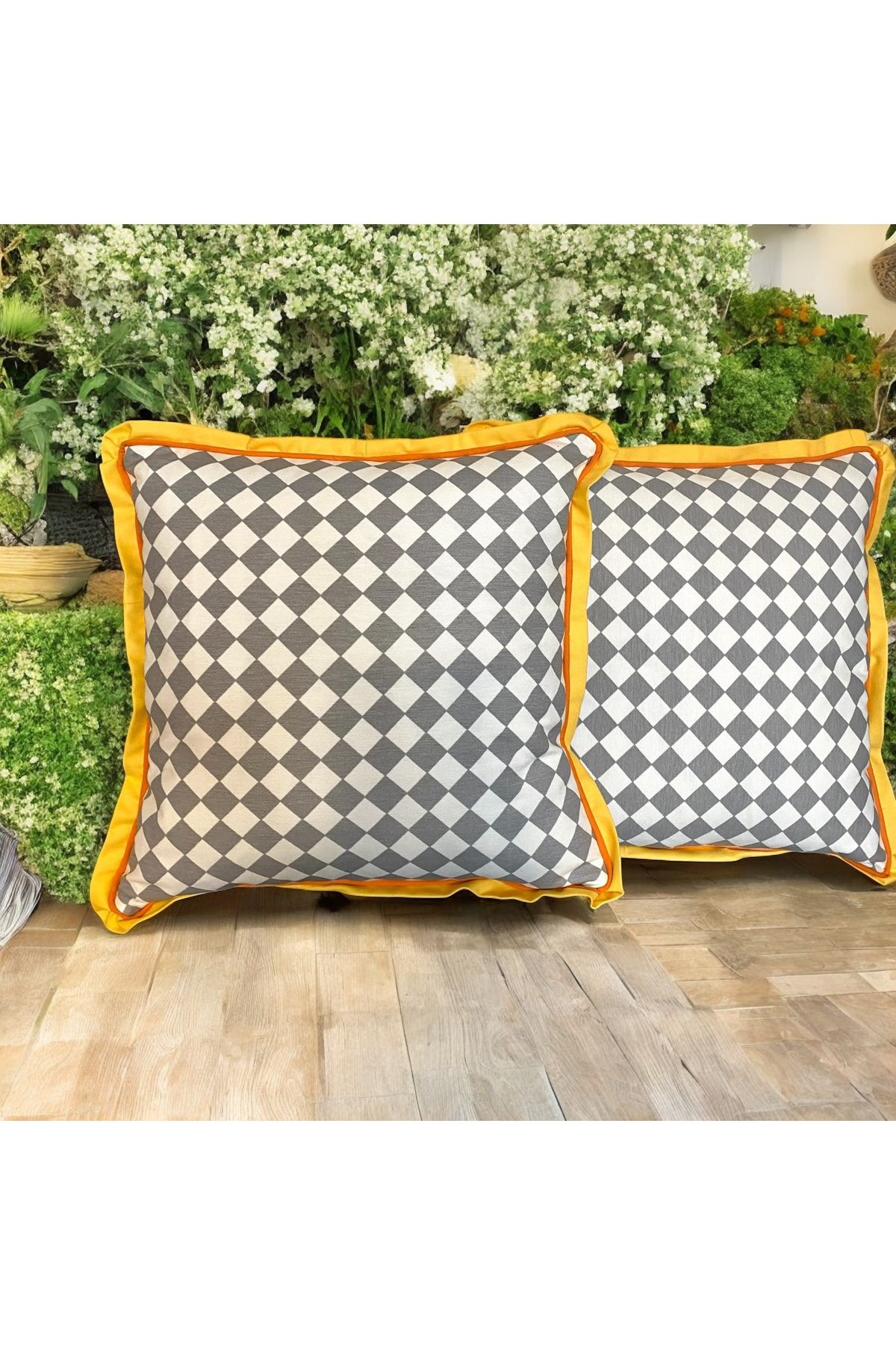 Leila Home and Living Gri beyaz sarı turuncu Keten kareli kırlent kılıfı