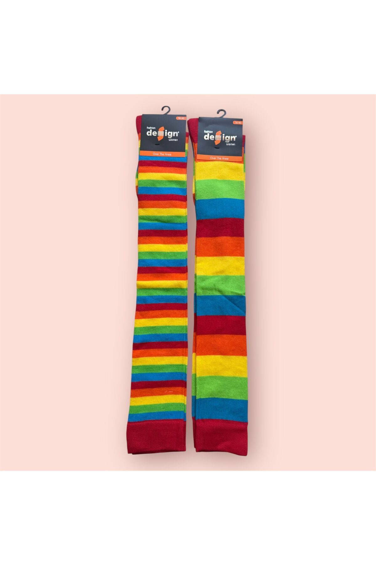 Design Socks Kadın Gökkuşağı Renkli Çizgili Pamuklu Diz Üstü Çorap