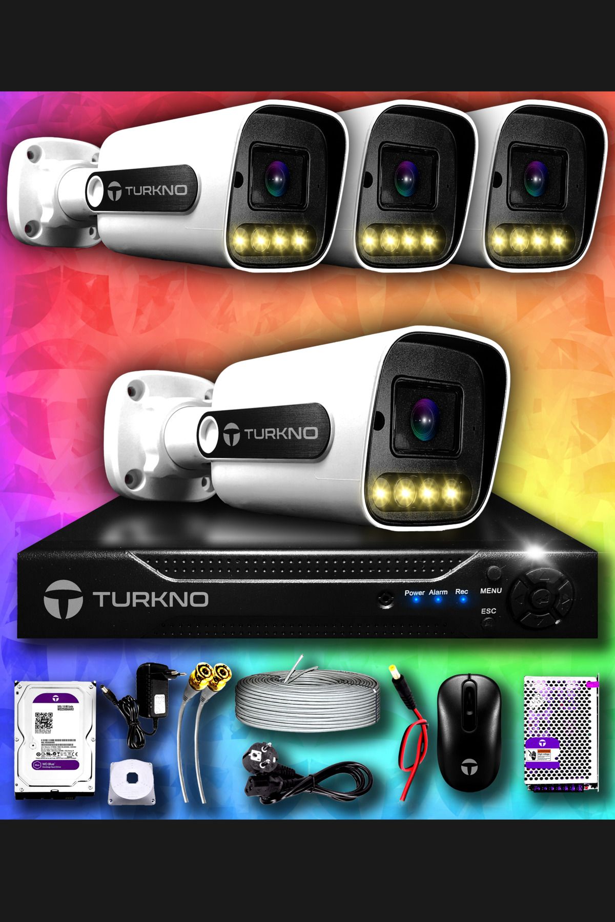 Turkno 4 Kameralı Navie 4 Dış Kamera Set 250 Gb Hdd Full Hd Renkli Gece Görüşlü Güvenlik Kamerası Sistemi