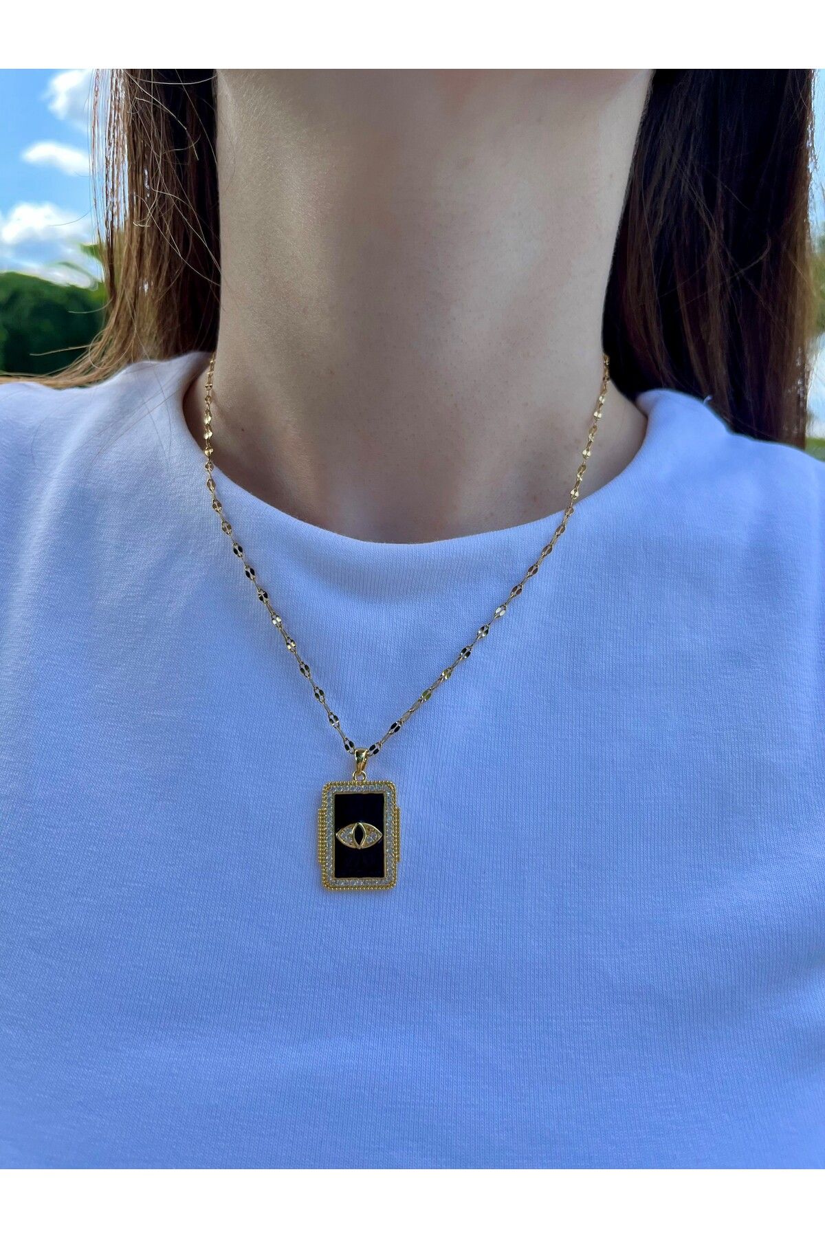 MEOS Çelik Kolye Göz Detaylı Zirkon Taşlı Siyah Gold Küpe